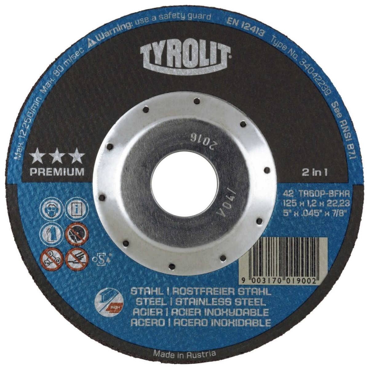 TYROLIT cut-off wheels DxUxH 115x1.2x22.23 With DEEP Cut Protection for steel and stainless steel, shape: 42 - offset version, Art. 34042238
