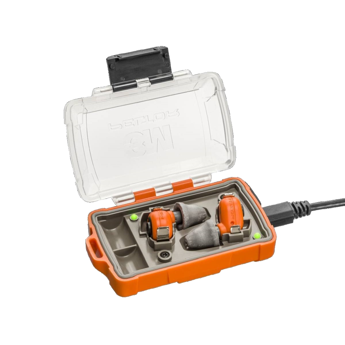 3M PELTOR EEP-100 EU Tapones electrónicos naranja, juego: los tapones y la estación de carga (con tapa cerrada y puertos USB) tienen clasificación IP-54 y son resistentes al agua