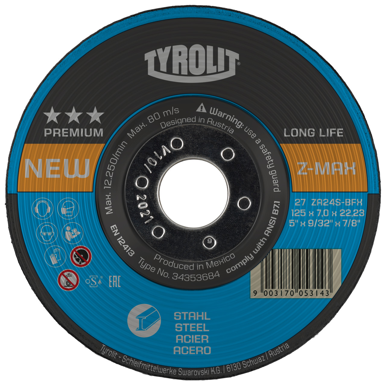 TYROLIT grinding wheel DxUxH 178x7x22.23 LONGLIFE Z-MAX for steel, shape: 27 - offset version, Art. 34353687