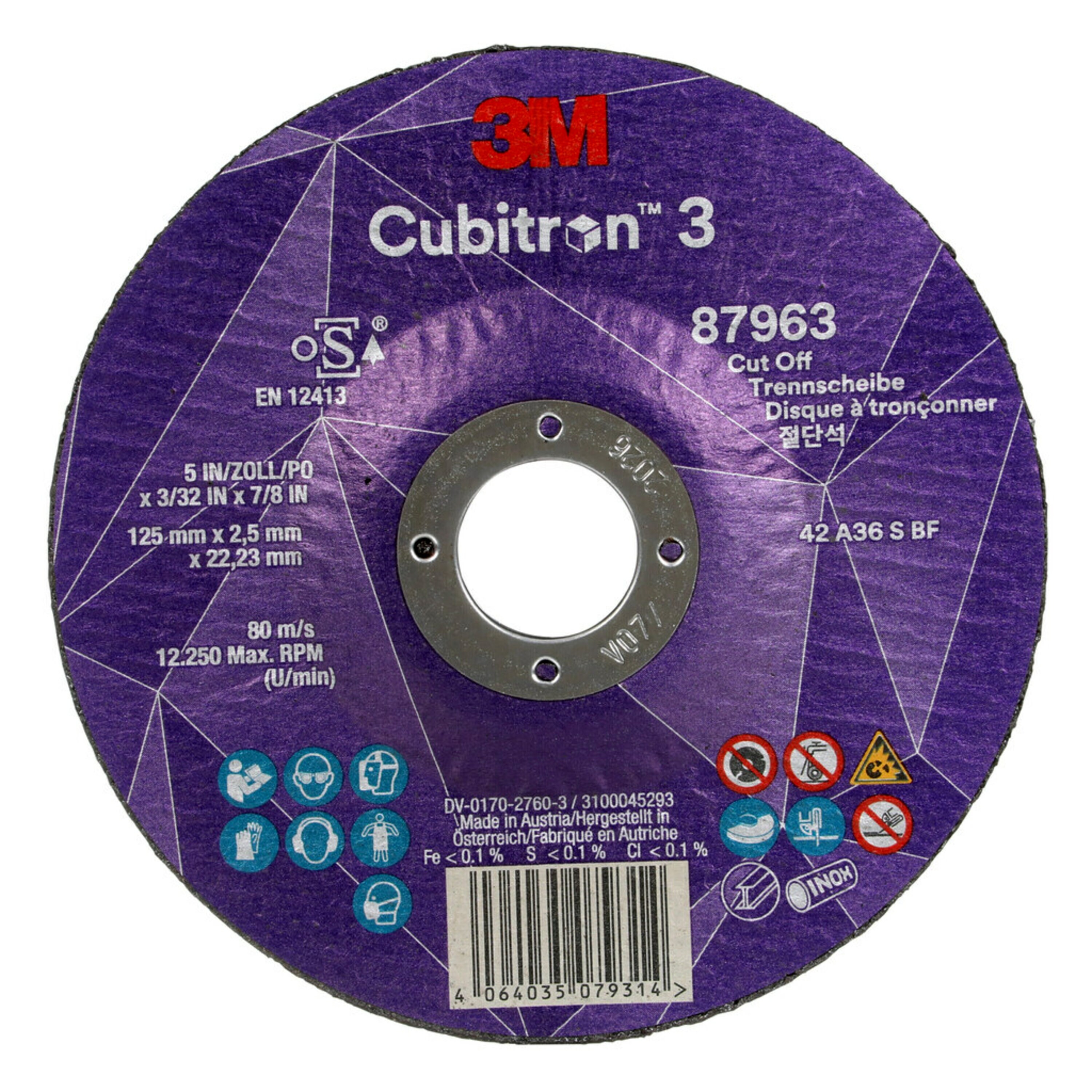 Disco de corte 3M Cubitron 3, 125 mm, 2,5 mm, 22,23 mm, 36 , tipo 42 #87963