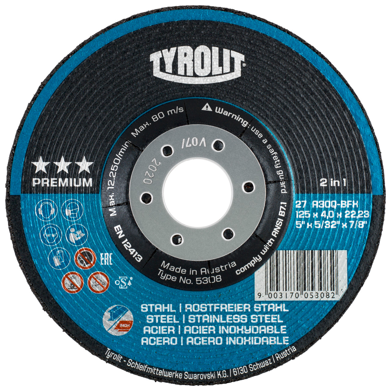 Tyrolit Roughing disc DxUxH 178x4x22.23 2in1 for steel and stainless steel, shape: 27 - offset version, Art. 5349