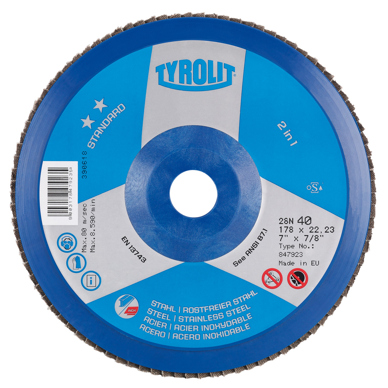 Tyrolit Serrated lock washer DxH 115x22.2 2in1 for steel and stainless steel, P120, shape: 28N - straight version (plastic carrier body), Art. 247165