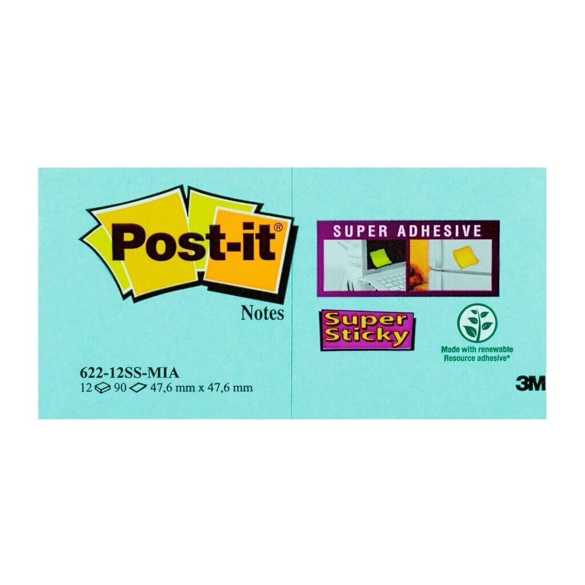 3M Post-it Super Sticky Notes 62212SMI, 48 mm x 48 mm, turquoise, vert fluo, rose fluo, 12 blocs de 90 feuilles