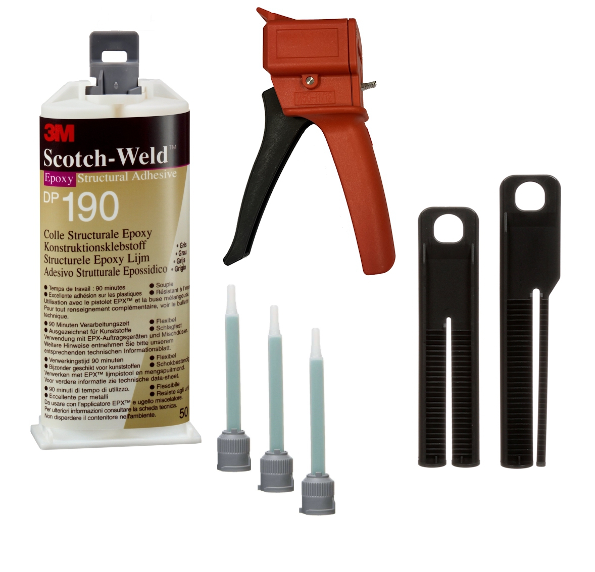 Starter set: 1x 3M Scotch-Weld 2-component construction adhesive EPX System DP190, gray, 50 ml, 1x S-K-S hand tool for EPX 38 to 50 ml cartridges incl. feed piston 2:1