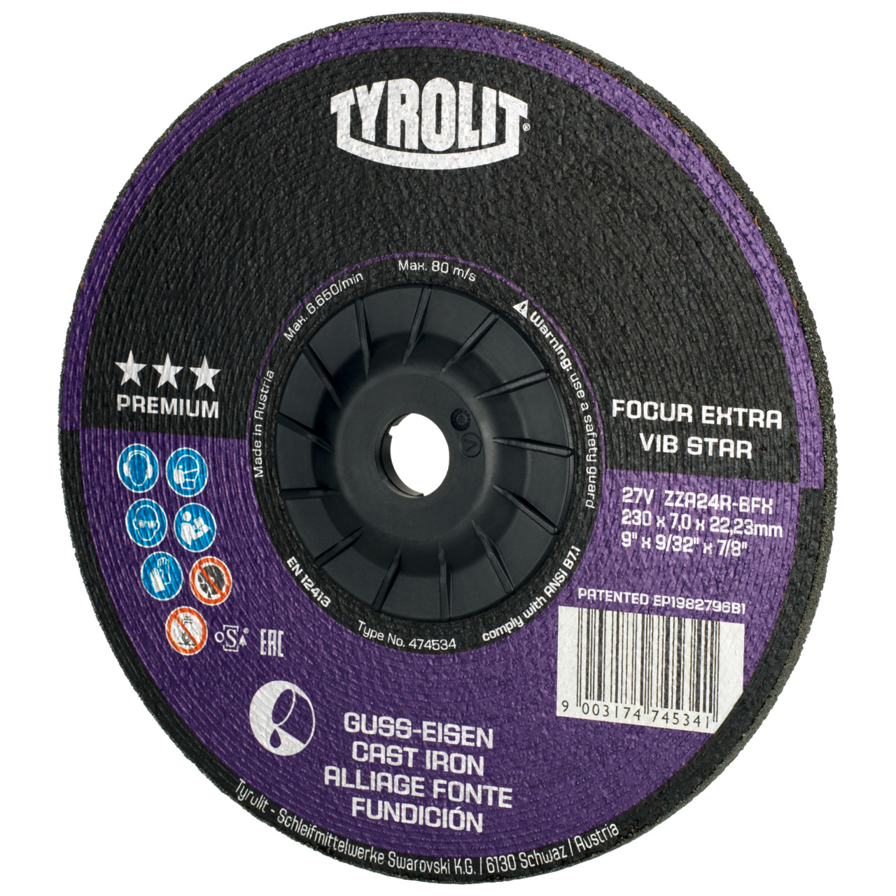 TYROLIT grinding wheel DxUxH 230x7x22.23 FOCUR Extra Vibstar for cast iron, shape: 27 - offset version, Art. 474533