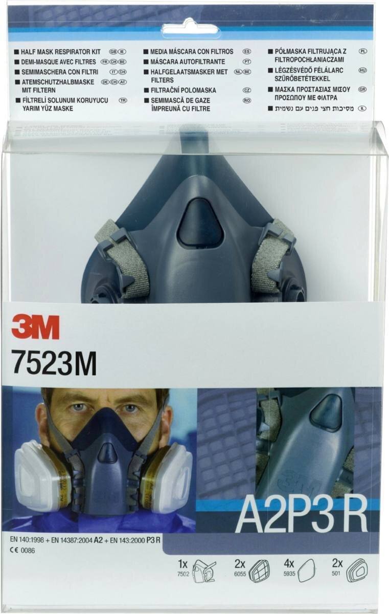 3M 7523M Set 1x maschera in silicone 7502M, 2x filtri 6055 A2, 4x filtri 5935 P3R, 2x coperchi 501
