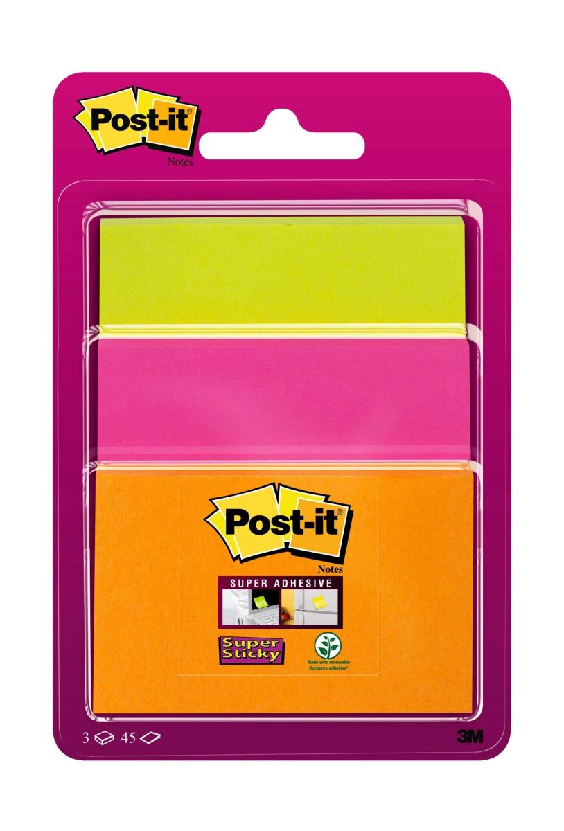 3M Post-it Super Sticky Notes 34323POG, varie dimensioni, verde neon, arancione neon, rosa ultra, 3 blocchetti da 45 fogli ciascuno