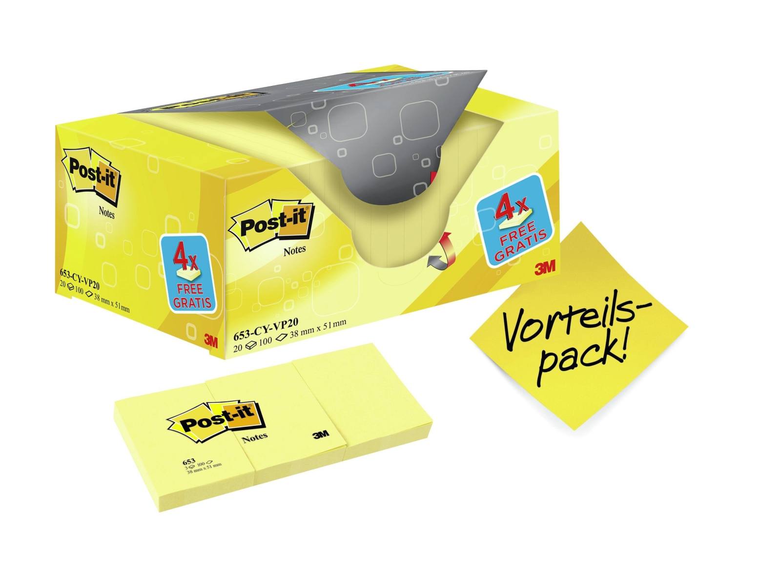 3M Post-it Notes Promotion 653Y-20, 20 Blöcke à 100 Blatt im Karton zum Vorteilspreis, gelb, 51 mm x 38 mm