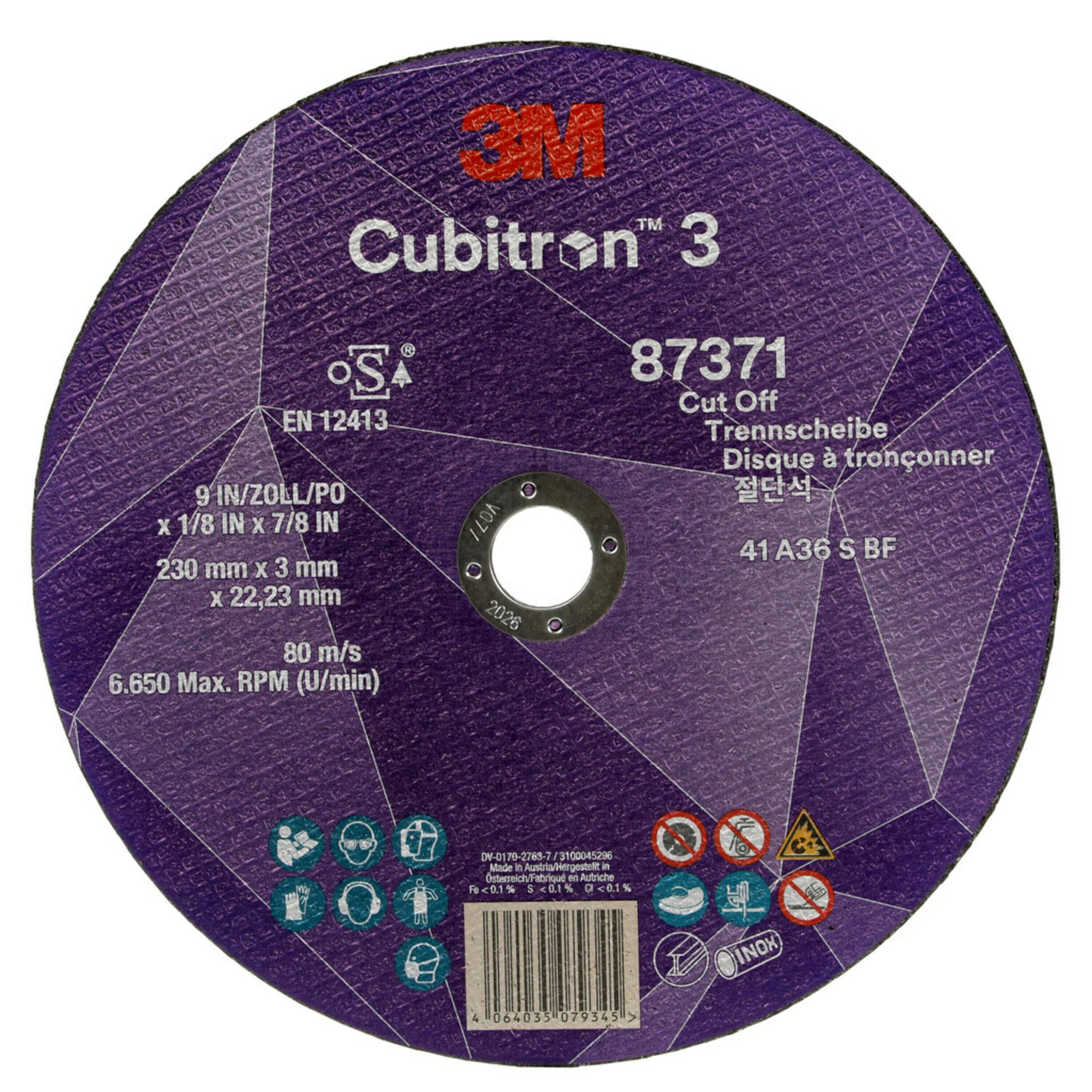 Disco de corte 3M Cubitron 3, 230 mm, 3 mm, 22,23 mm, 36 , tipo 41 #87371