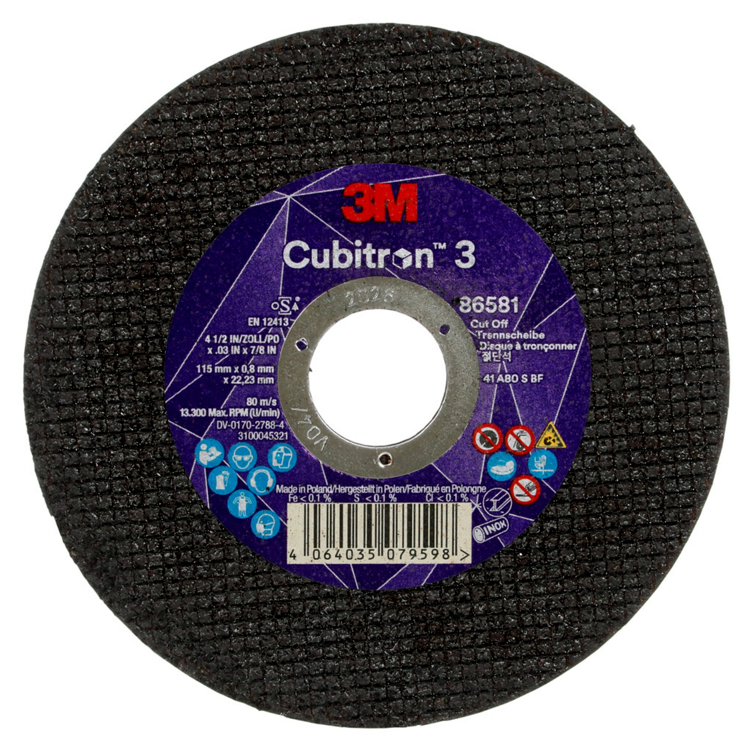 3M Cubitron 3 disco da taglio, 115 mm, 0,80 mm, 22,23 mm, 80 , tipo 41 #86581