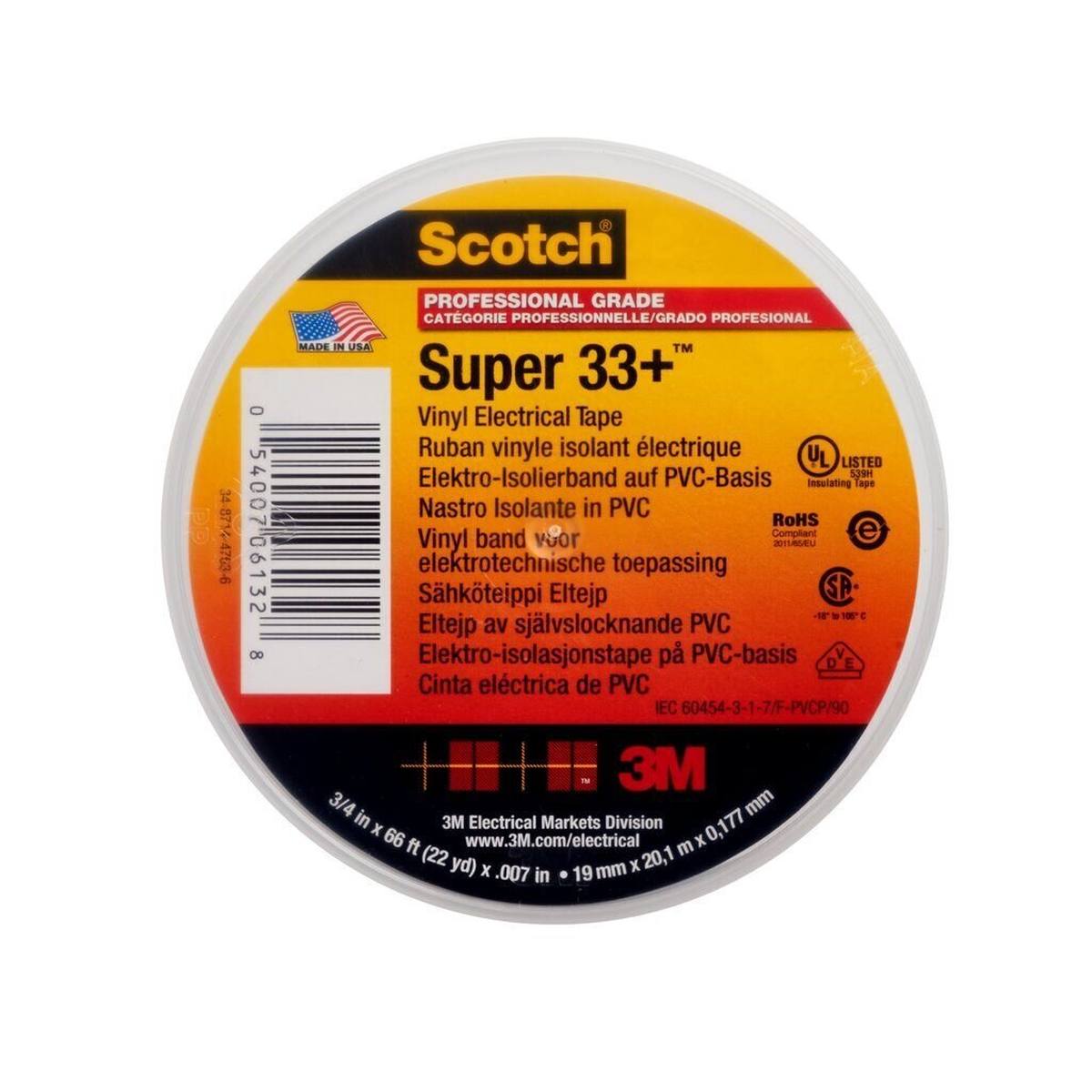 3M Cinta aislante eléctrica de vinilo Scotch Super 33+, negra, 19 mm x 20 m, 0,18 mm