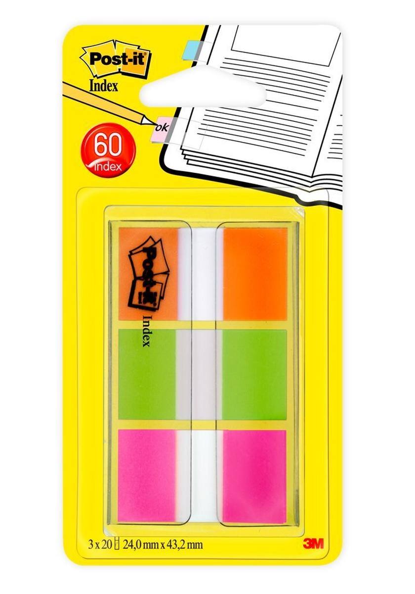 3M Post-it Index 680-OLP, 25.4 mm x 43.2 mm, orange, lime green, pink, 3 x 20 adhesive strips