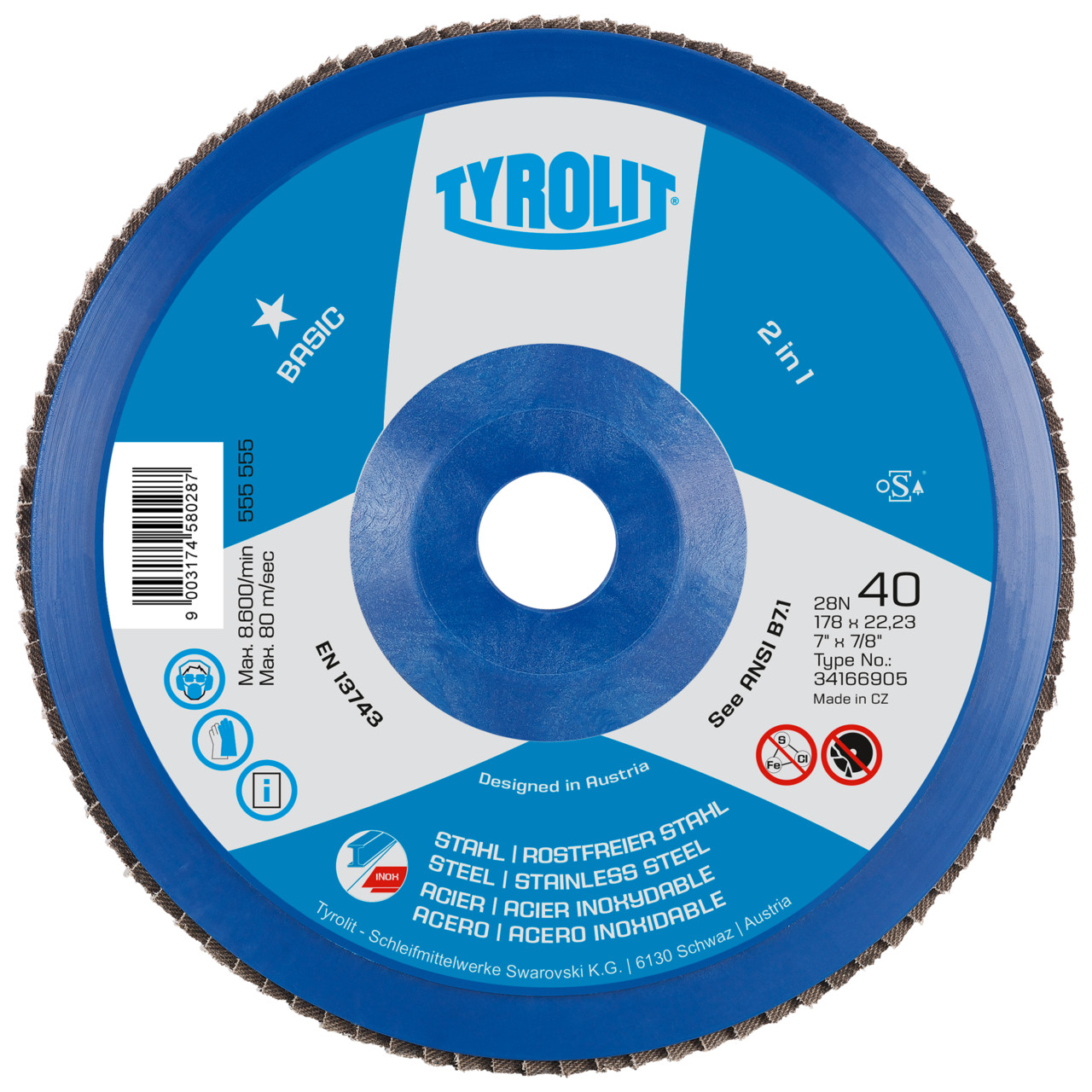 Tyrolit Serrated lock washer DxH 178x22.23 2in1 for steel &amp; stainless steel, P80, shape: 28N - straight version (plastic carrier body), Art. 34318580