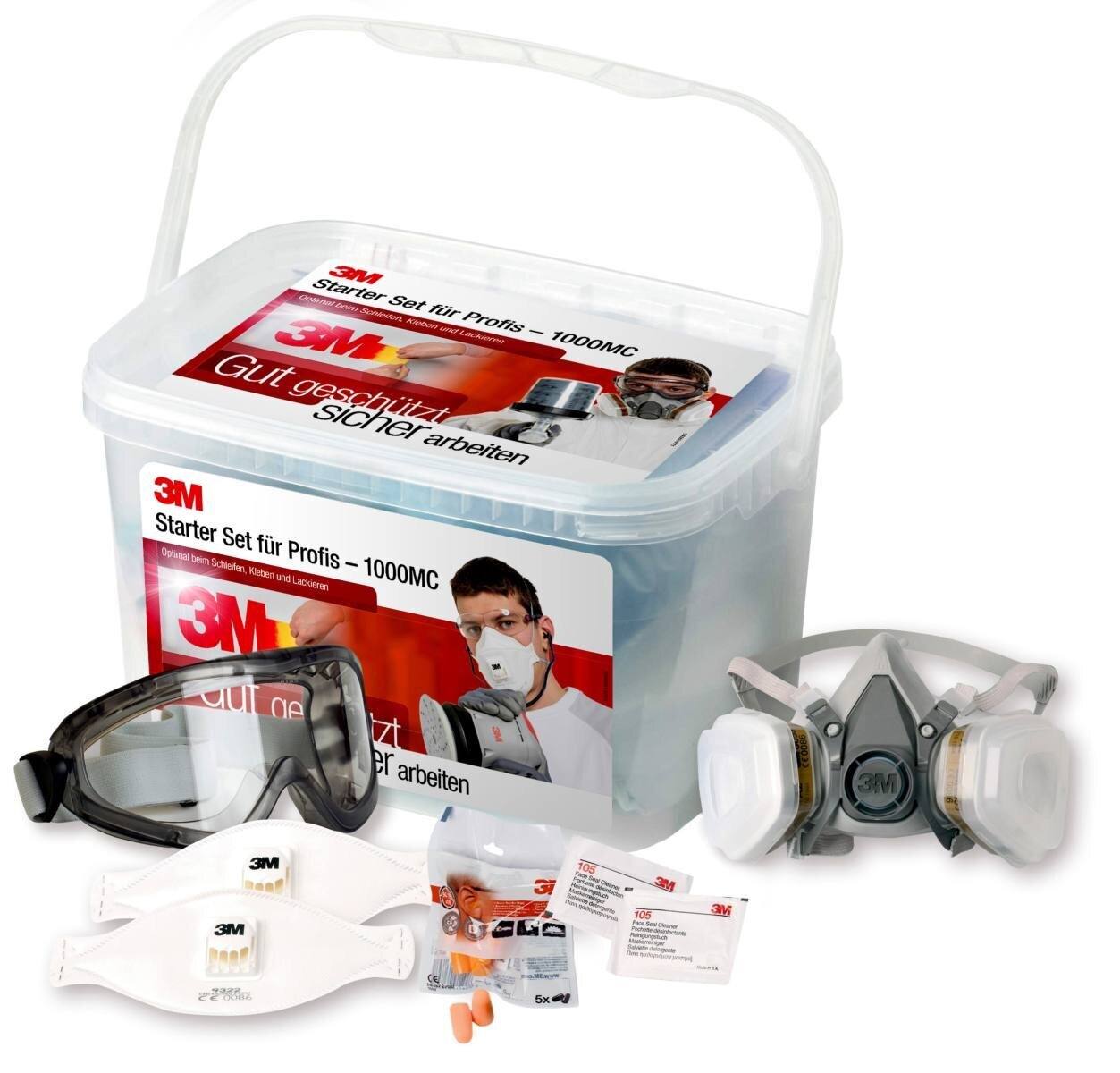 3M Safety Box 1000MCWE Contents: 1 x 6200M half mask, 2 x 6055 A2 gas filters, 2 x 5935 P3R particle filters, 2 x 501, 2 x 9322+ particle masks, 8 x 1100 earplugs, 1 x 2890SA full-view goggles