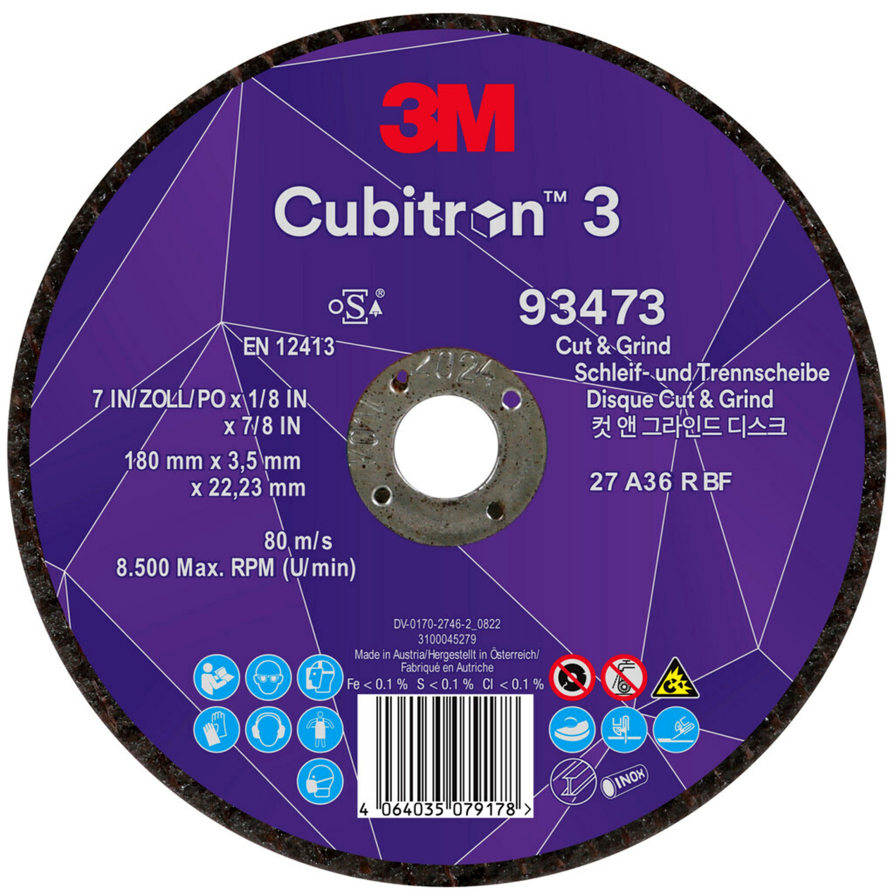 3M Cubitron 3 Cut & Grind Schruppscheibe, 180 mm, 3,5 mm, 22,23 mm, 36+, Typ 27 #93473