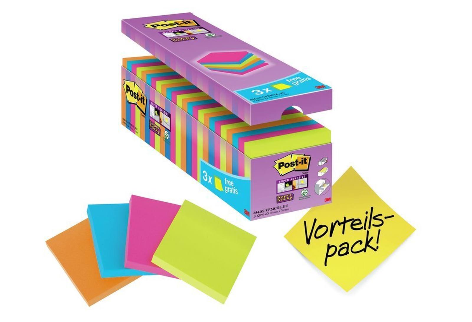 3M Post-it Super Sticky Notes Promotion 654SE24P, 24 blocs de 90 feuilles à prix avantageux, couleurs assorties, 76 mm x 76 mm