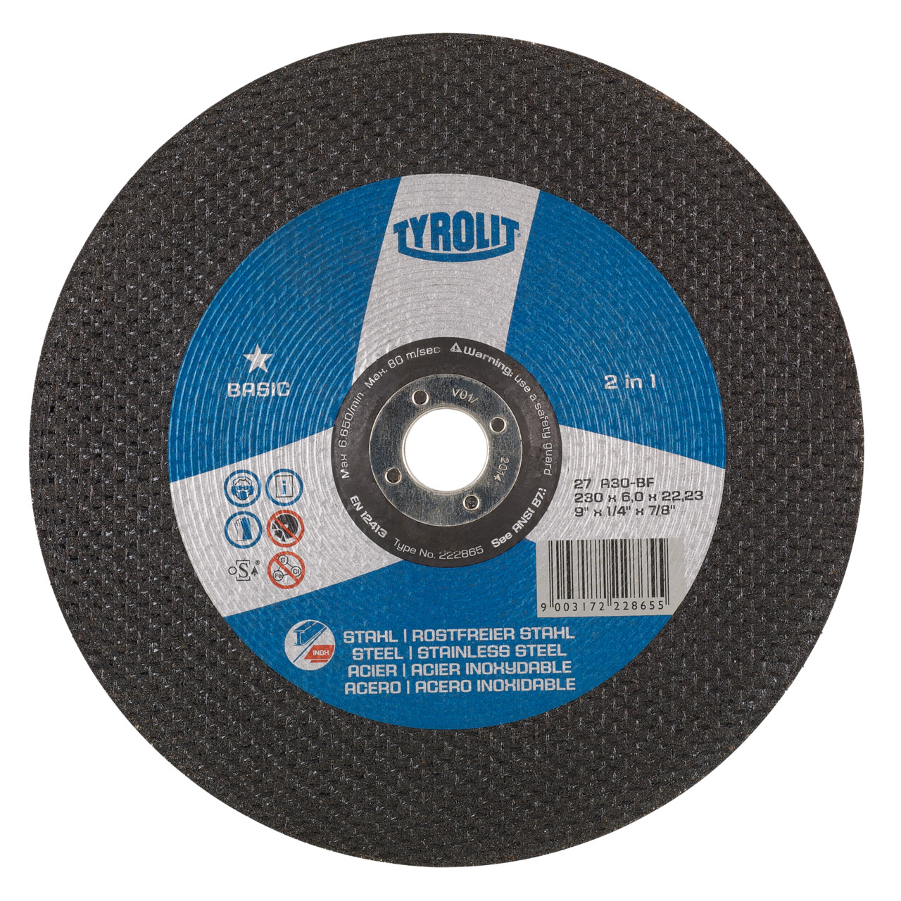 TYROLIT grinding wheel DxUxH 230x4.3x22.23 2in1 for steel and stainless steel, shape: 27 - offset version, Art. 34257206
