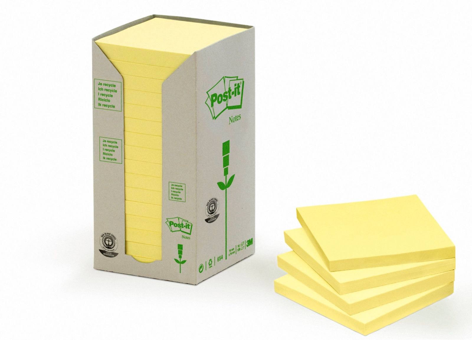 3M Post-it Notas de Reciclaje 654-1T, 76 mm x 76 mm, amarillo, 16 blocs de 100 hojas cada uno
