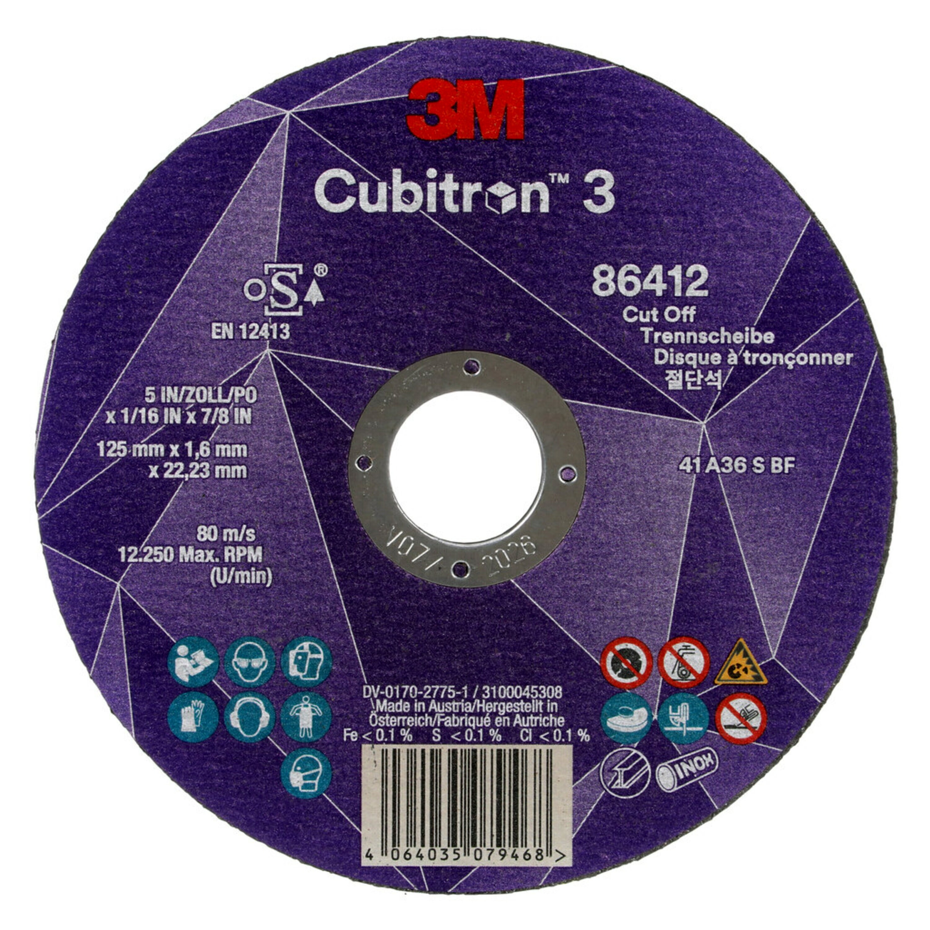 Disco de corte 3M Cubitron 3, 125 mm, 1,6 mm 22,23 mm, 36+, tipo 41 #86412