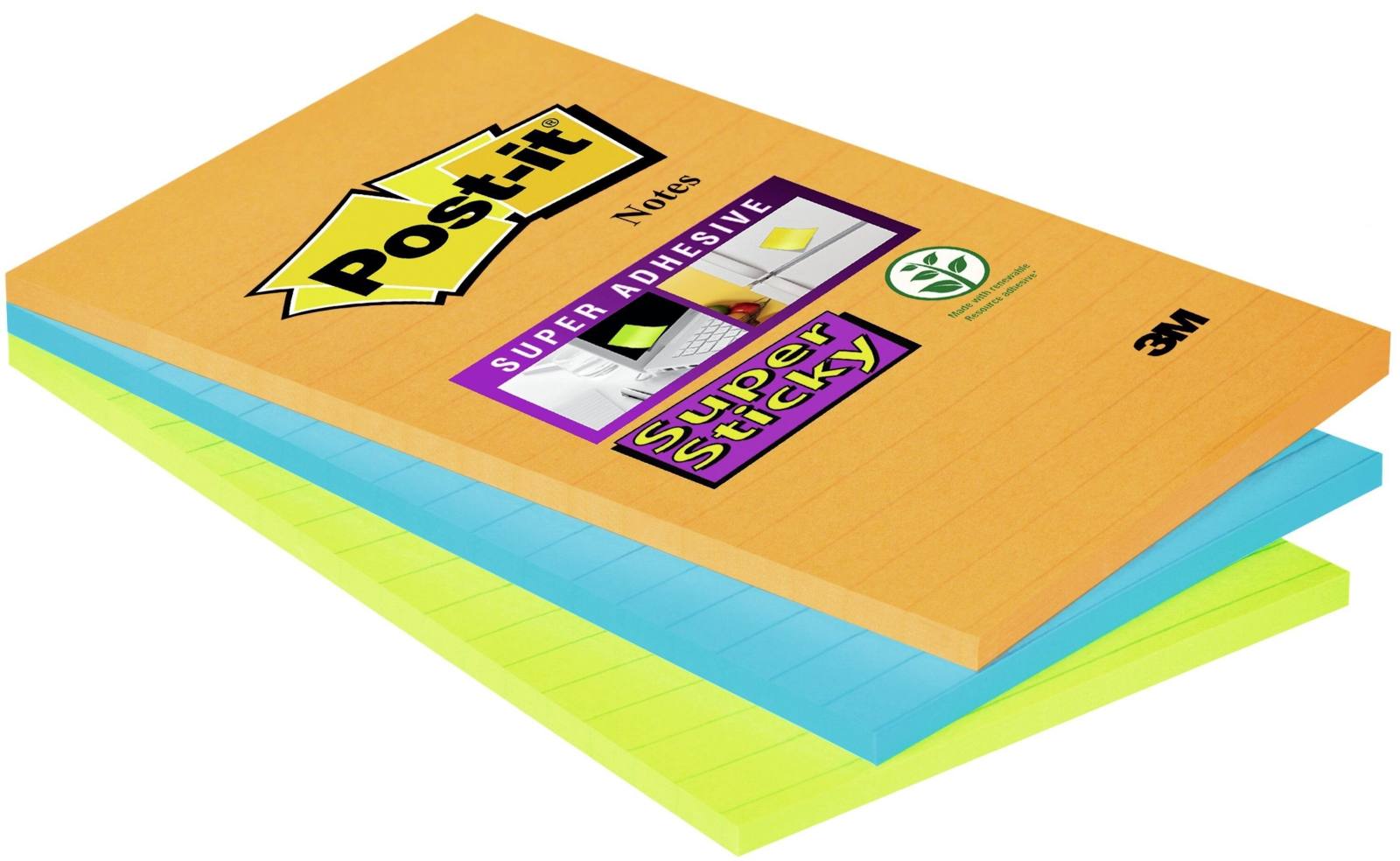 3M Post-it Super Sticky Notes 46453SSA, 101 mm x 152 mm, arancione neon, blu ultra, 3 blocchetti da 45 fogli ciascuno