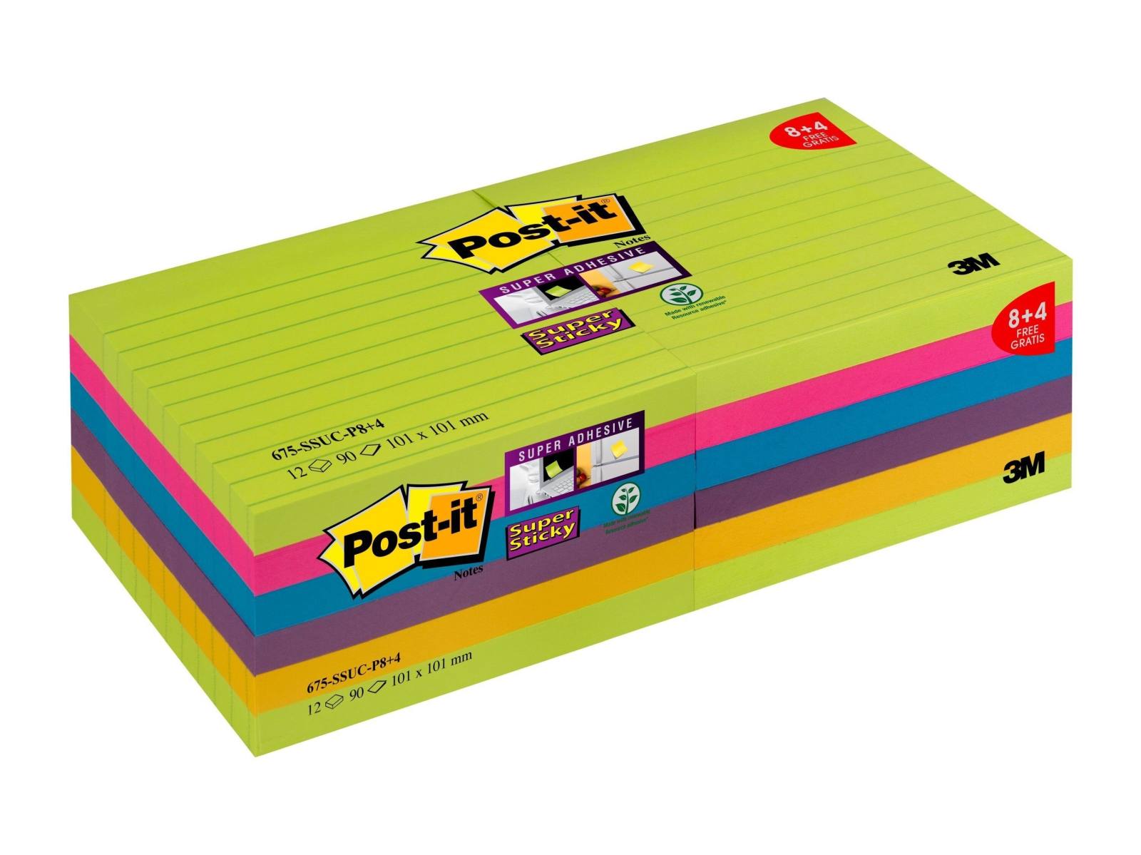 3M Post-it Super Sticky Notes Promotion 675-SSUC-P8+4 12 pads of 90 sheets each at a special price, neon green, ultra pink, ultra blue, plum purple, ultra yellow, 101 mm x 101 mm, lined, PEFC certified