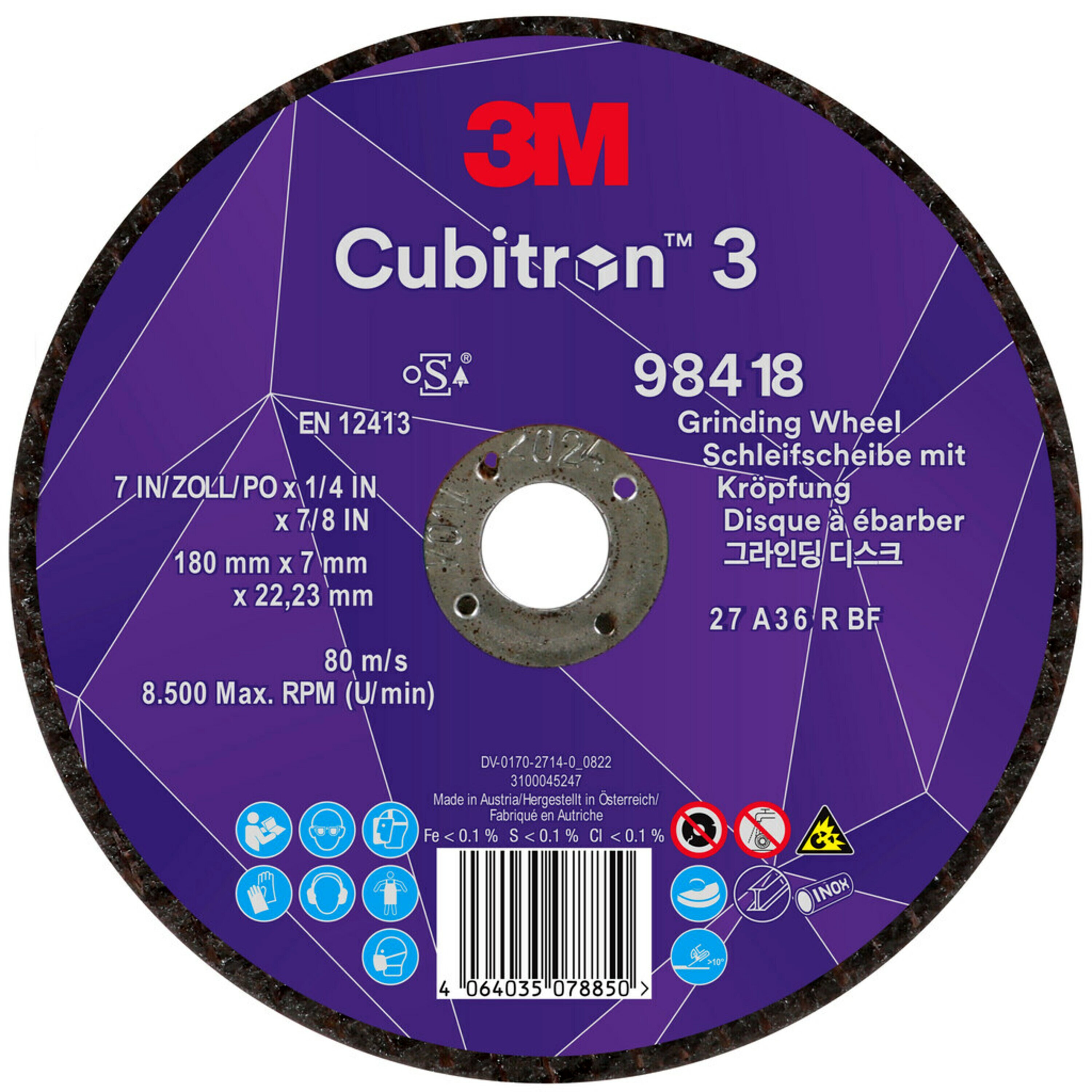 3M Cubitron 3 -hiomakiekko, 180 mm, 7,0 mm, 22,23 mm, 36 , tyyppi 27 # 98418