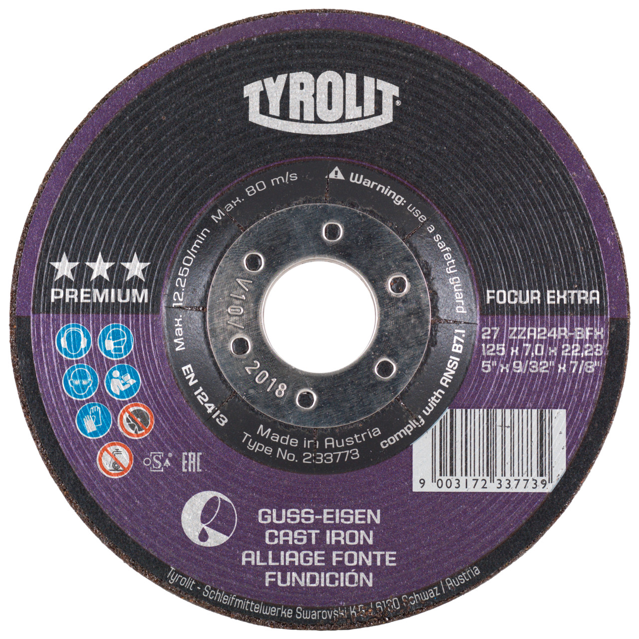 TYROLIT disco de desbaste DxUxH 230x7x22,23 FOCUR Extra para fundición gris, forma: 27 - versión offset, Art. 929020