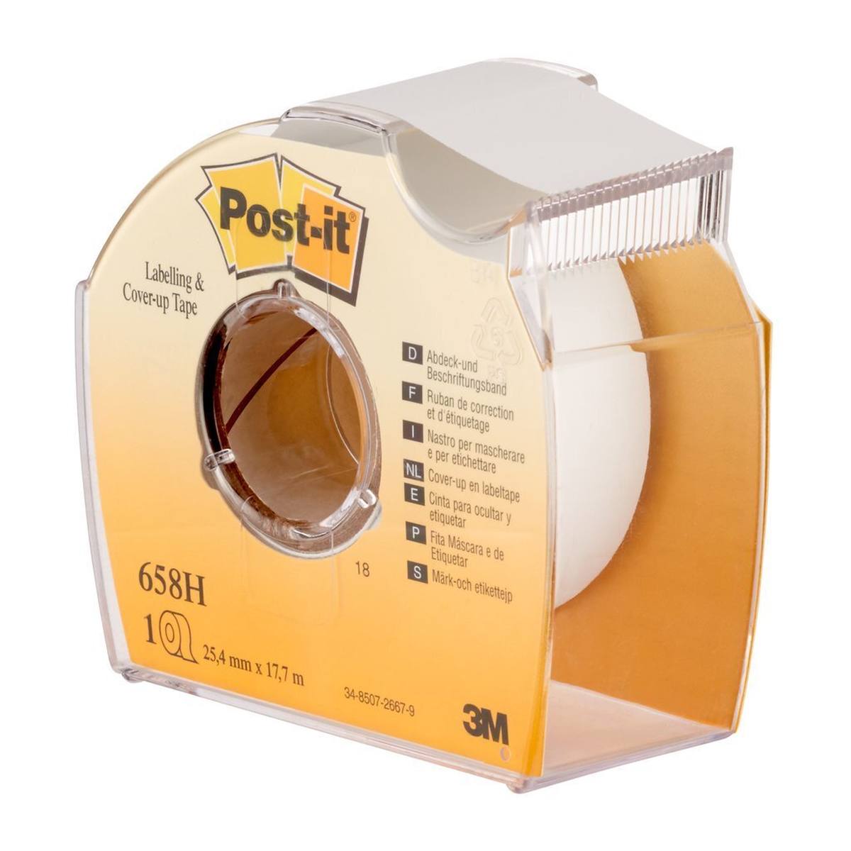 3M Post-it Masking and labelling tape 658H, 25.4 mm x 17.7 m, white, 1 roll in hand dispenser