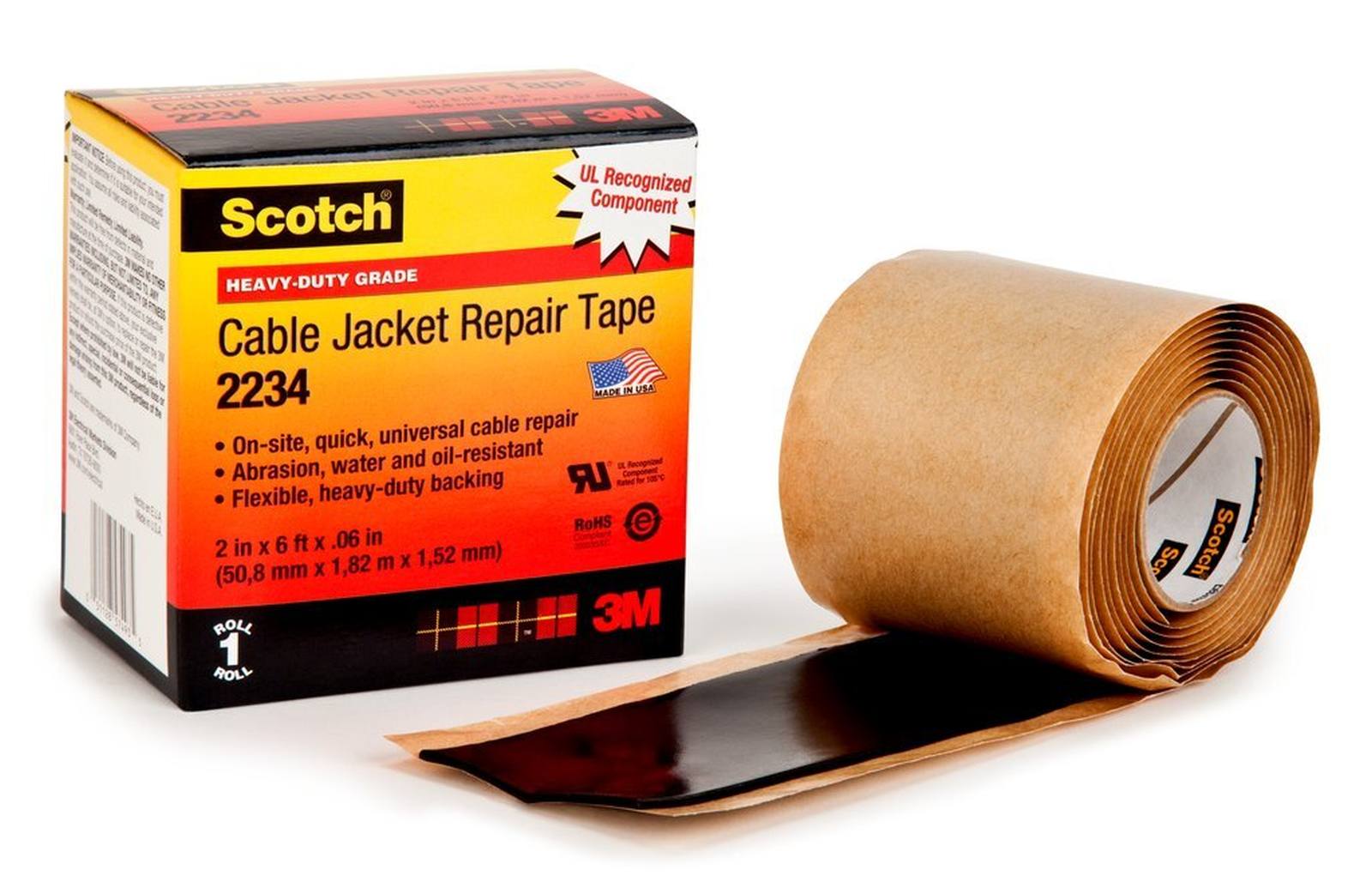3M Scotch 2234 Cinta de reparación de cubiertas de cables, autosellante, negra, 50,8 mm x 152 mm, 1,65 mm