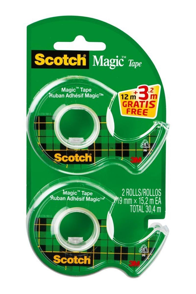 3M Dispensador manual Scotch Magic Promoción 8-1915DP, 2 dispensadores manuales desechables incl. 2 rollos de cinta adhesiva Scotch Magic a un precio especial, dimensiones: 19 mm x 12 m +3,2 m gratis