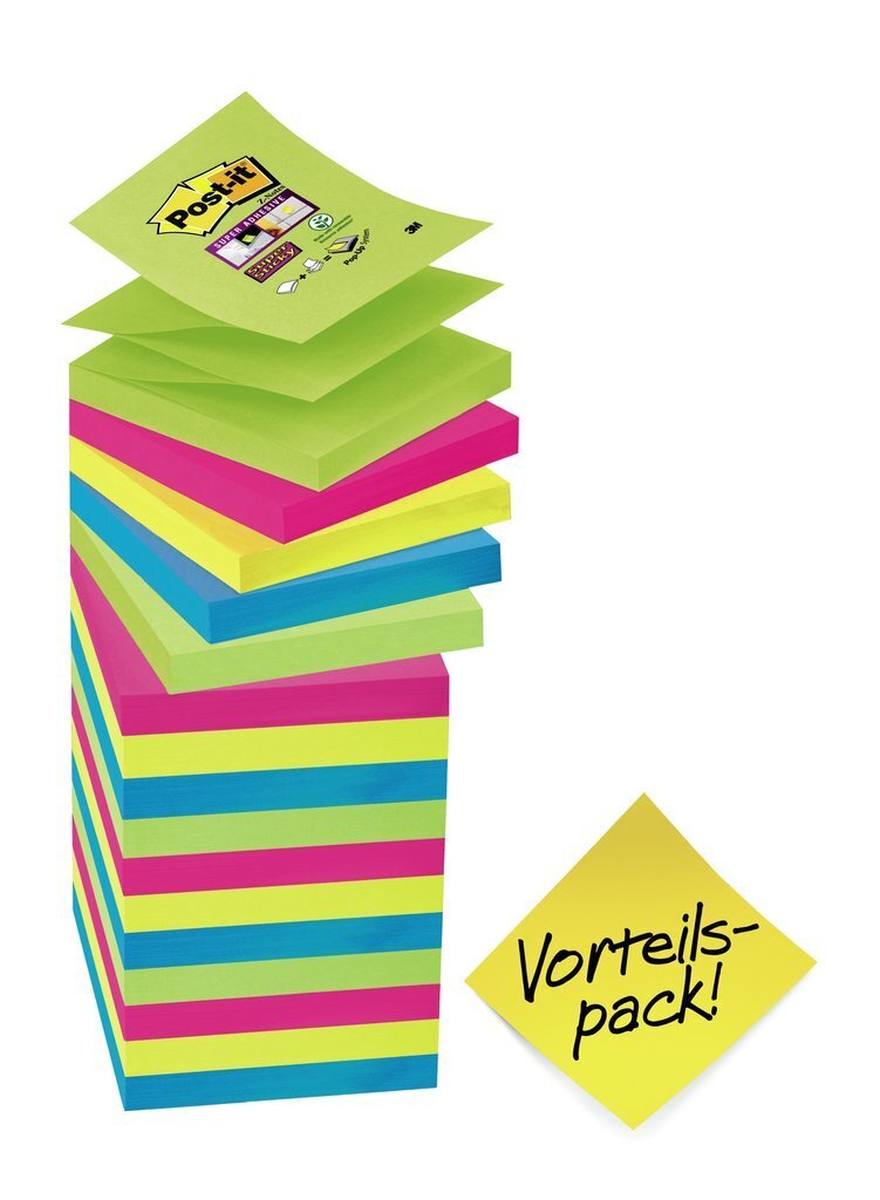 3M Post-it Super Sticky Z-Notes R330S16, 76 mm x 76 mm, ultra azul, ultra amarillo, ultra rosa, verde lima, 16 blocs de 90 hojas cada uno