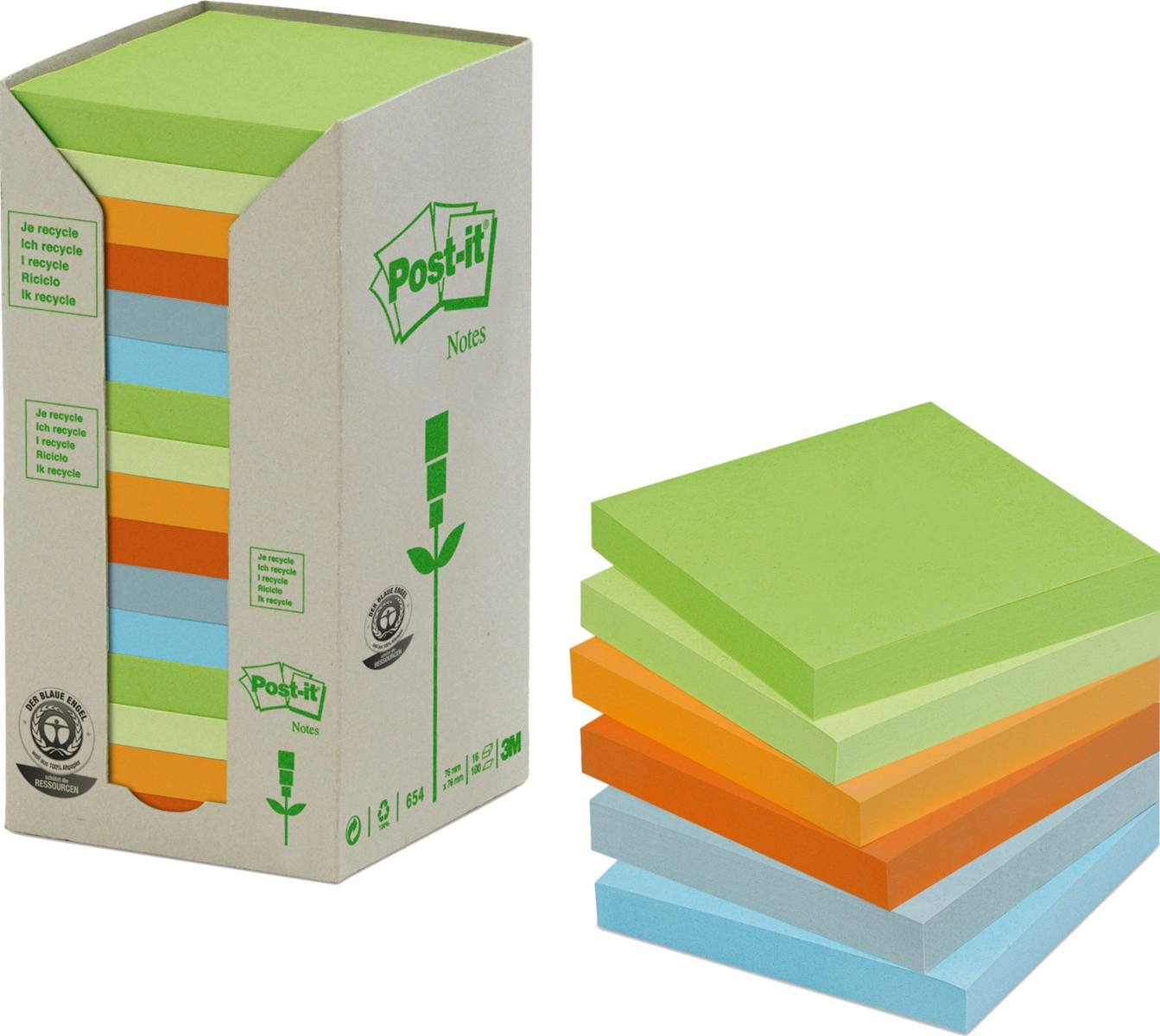 3M Post-it Recycling Notes 654-1RPT, 76 mm x 76 mm, différentes couleurs, 16 blocs de 100 feuilles