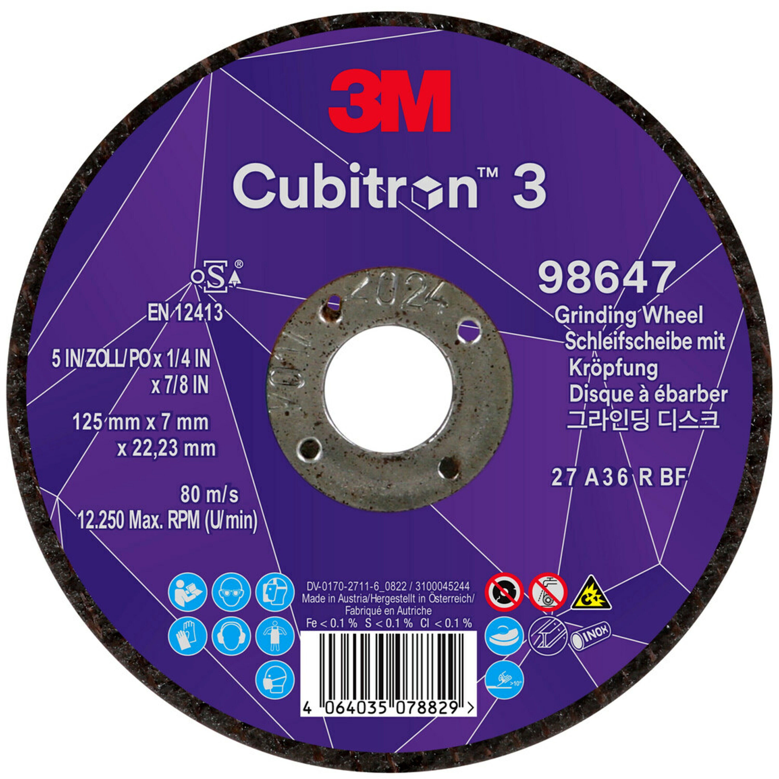 3M Cubitron 3 -hiomakiekko, 125 mm, 7,0 mm, 22,23 mm, 36 , tyyppi 27 # 98647