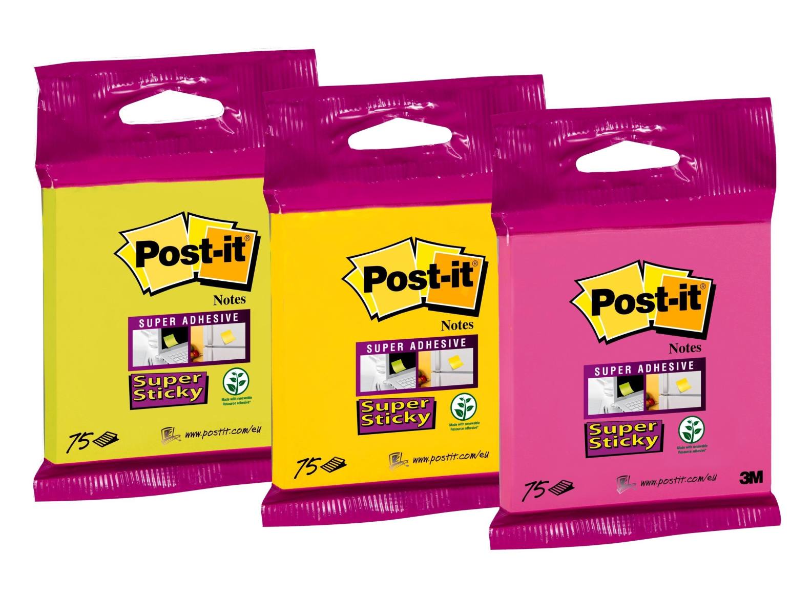 3M Post-it Super Sticky Notes 6820S3, 76 mm x 76 mm, neongroen, neonroze, ultrageel, ultragroen, ultraroze, 1 pad van 75 vellen