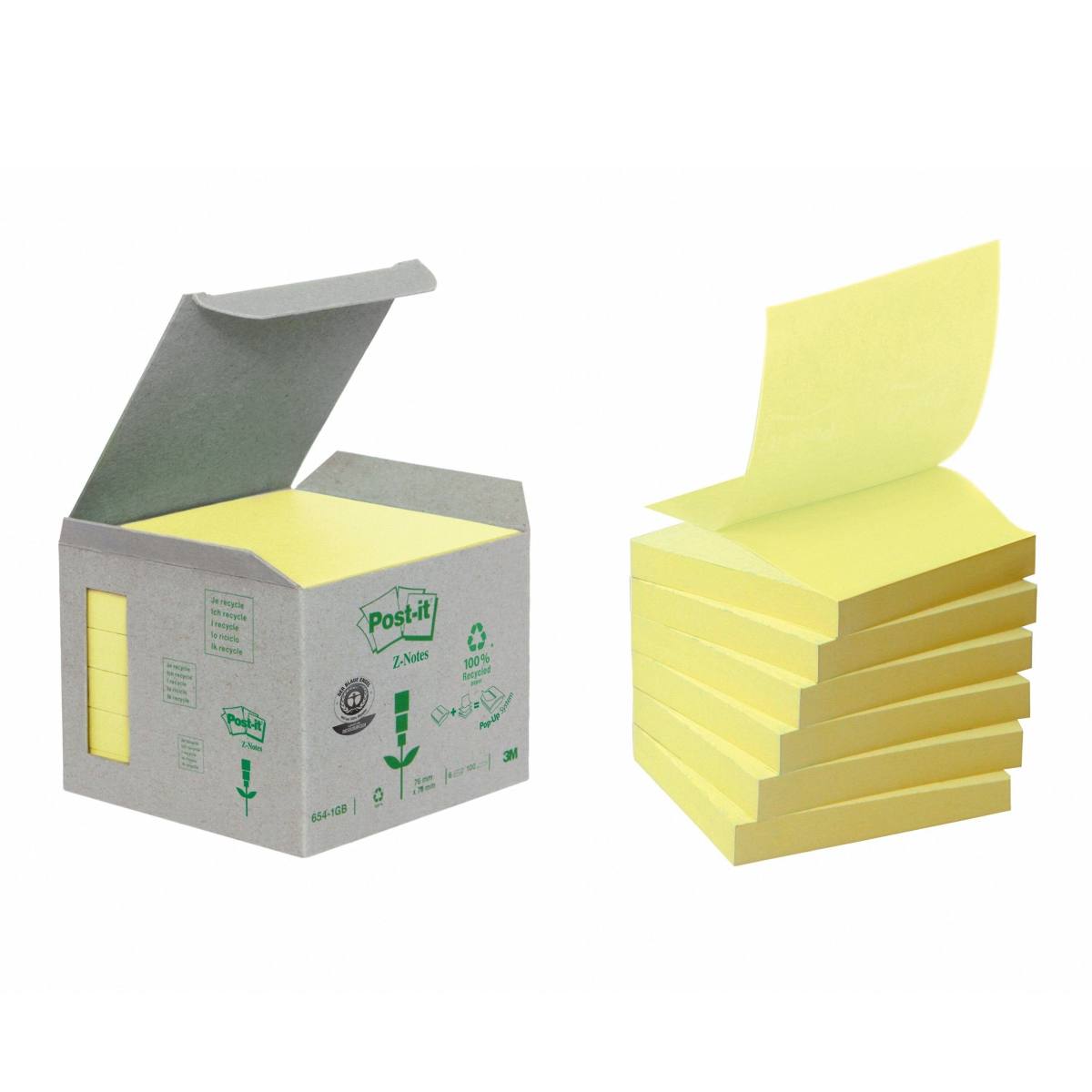 3M Post-it Recyclage Z-Notes R3301B, 76 mm x 76 mm, jaune, 6 blocs de 100 feuilles