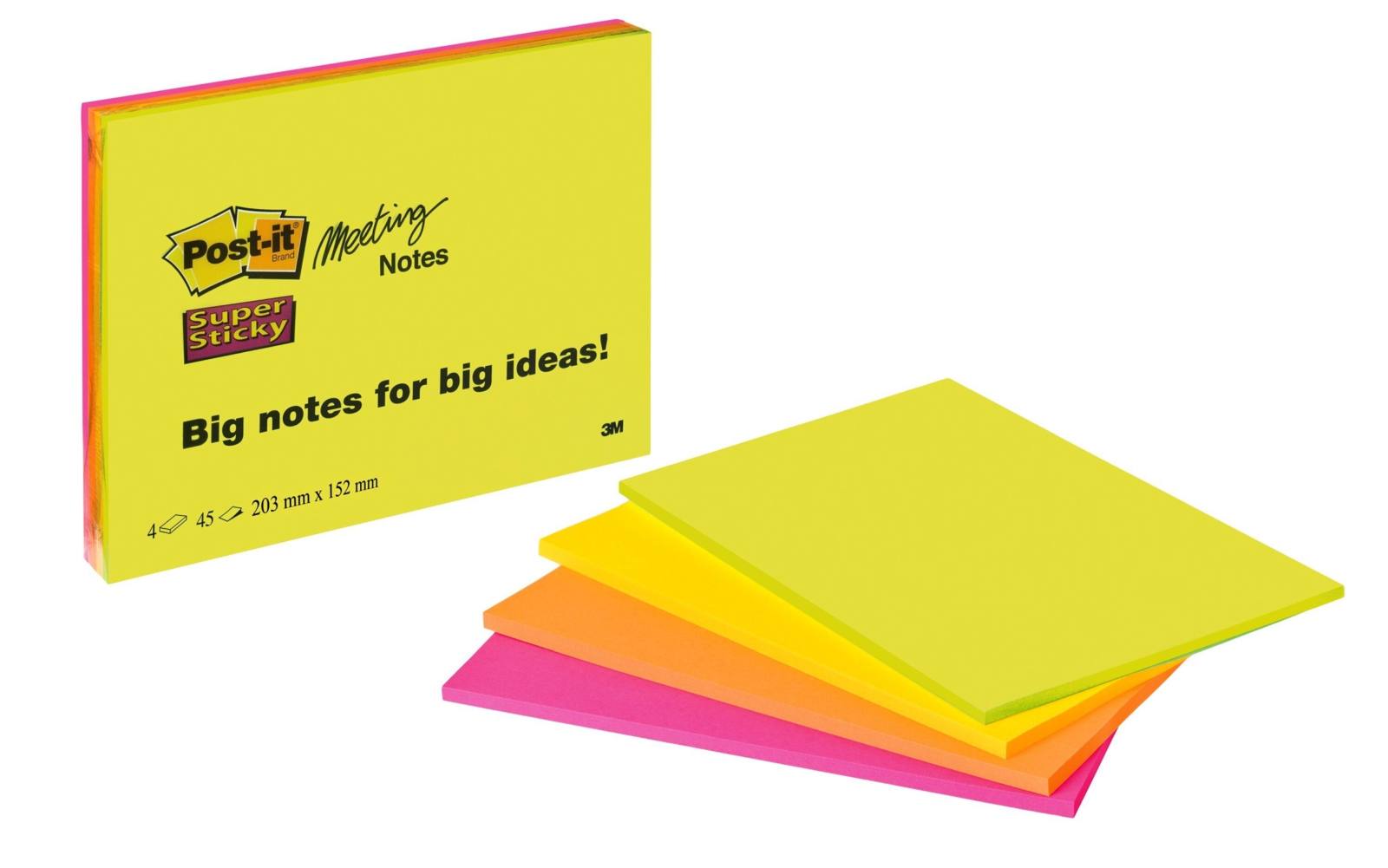 3M Post-it Super Sticky Meeting Notes 6845-SSP, 203 mm x 152 mm, vert fluo, orange fluo, ultra jaune, ultra rose, 4 blocs de 45 feuilles