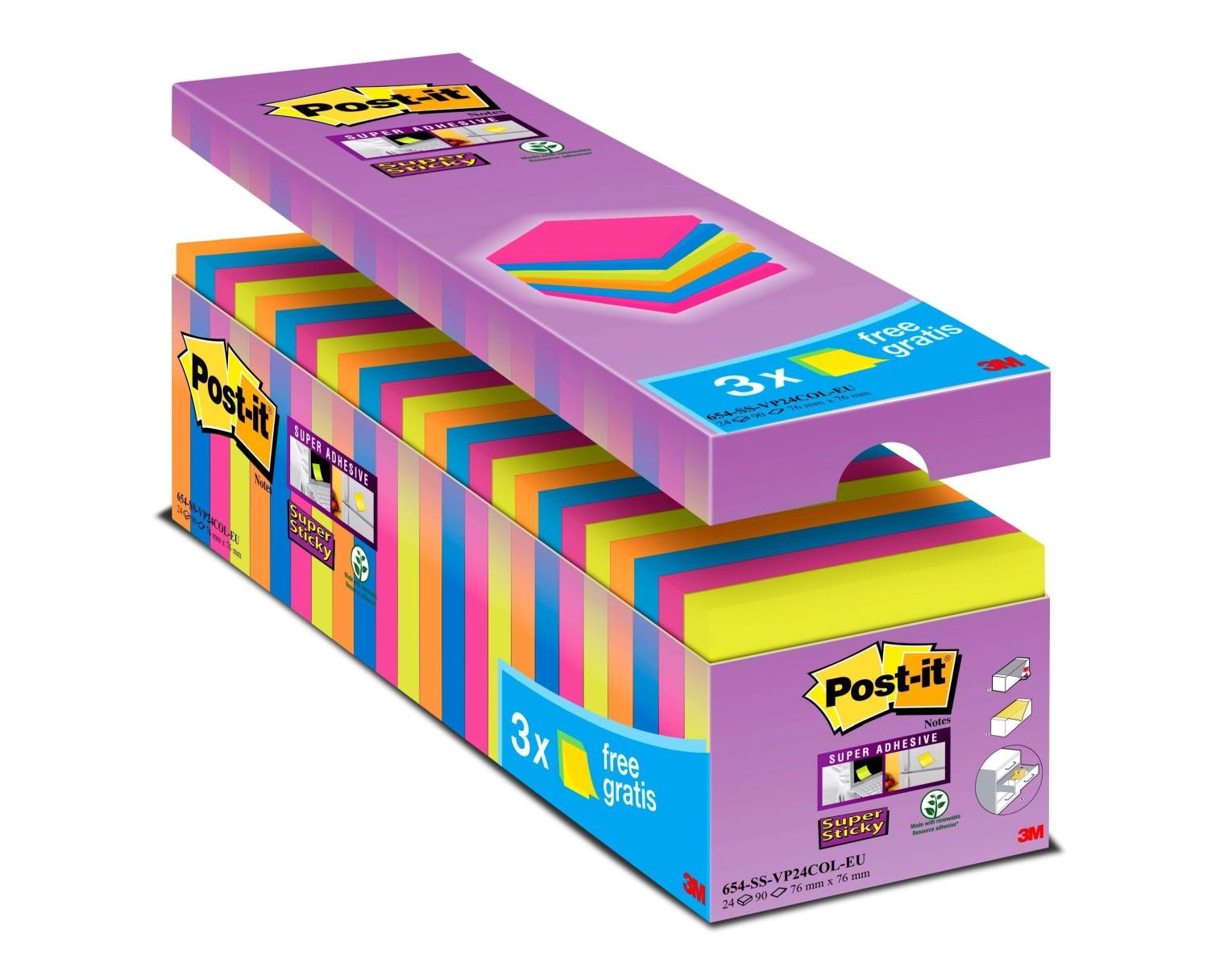 3M Post-it Super Sticky Notes Promotion 654SE24P, 24 pads van 90 vellen voor een speciale prijs, geassorteerde kleuren, 76 mm x 76 mm