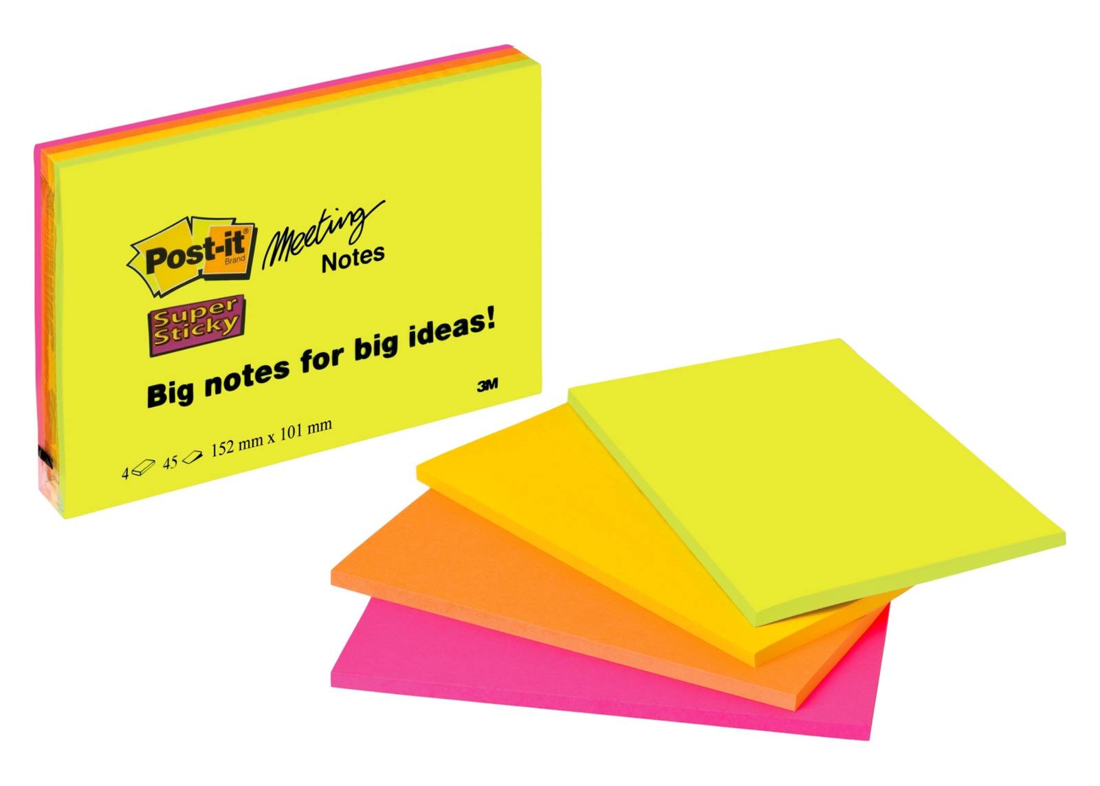 3M Post-it Super Sticky Meeting Notes 6445-4SS, 152 mm x 101 mm, neongrün, neonorange, ultragelb, ultrapink, 4 Blöcke à 45 Blatt
