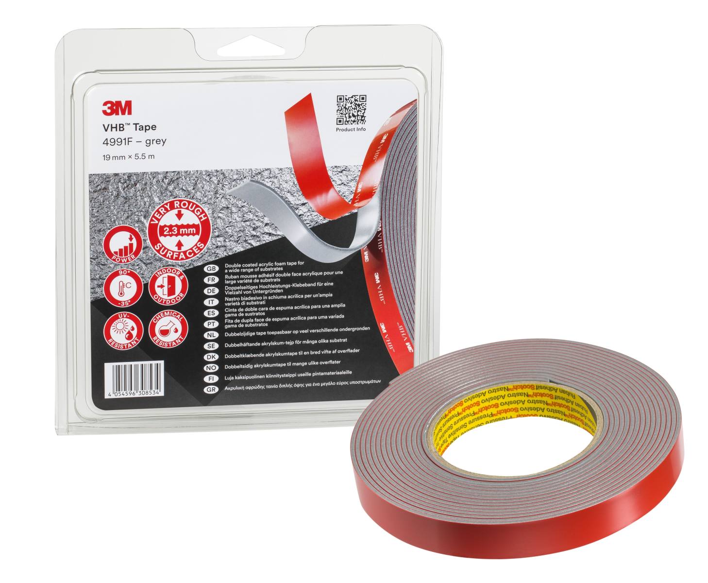 3M VHB Adhesive tape 4991F, grey, 19 mm x 5.5 m, 2.3 mm, blister pack