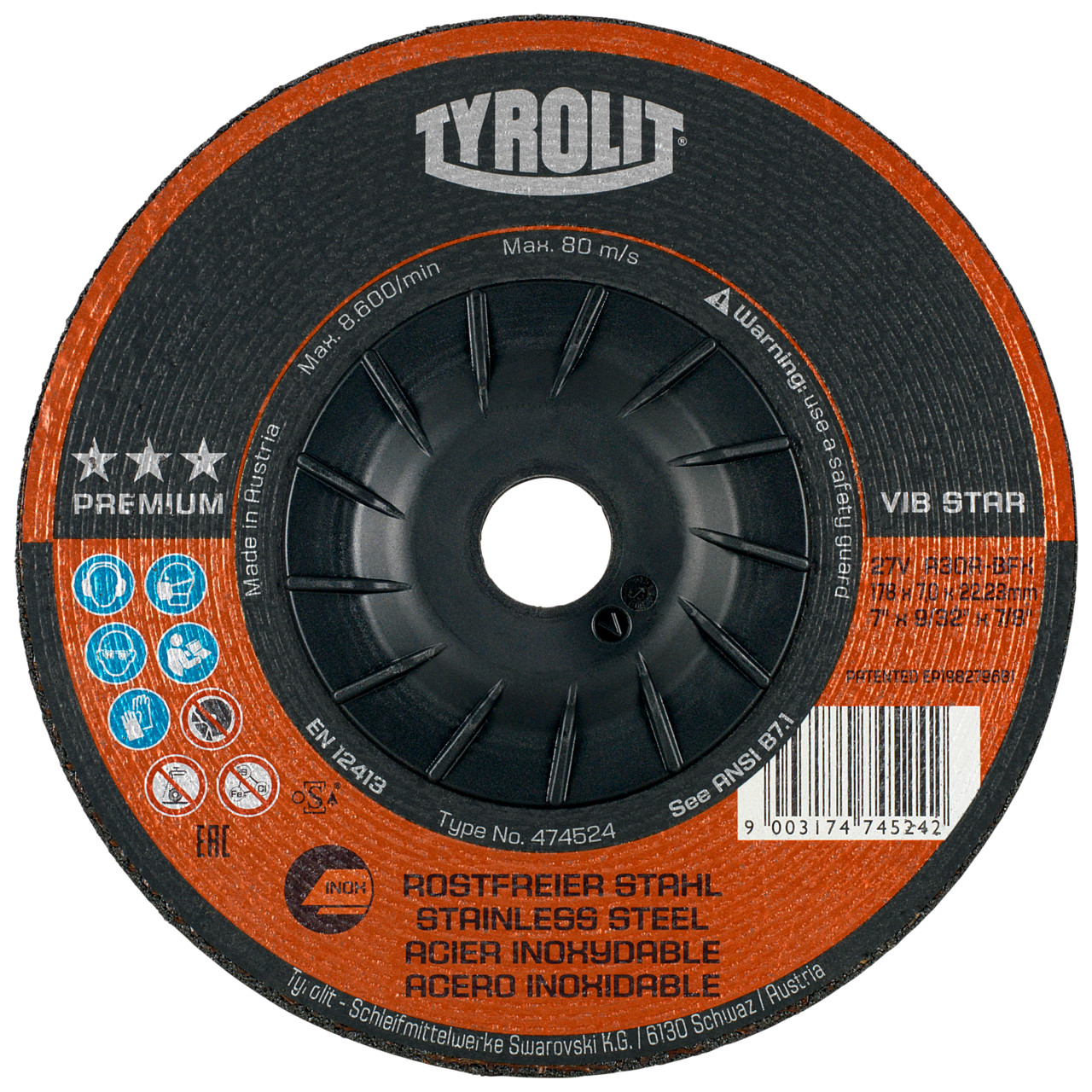 TYROLIT disco de desbaste DxUxH 230x7x22,23 VIBSTAR para acero inoxidable, forma: 27 - versión offset, Art. 474526
