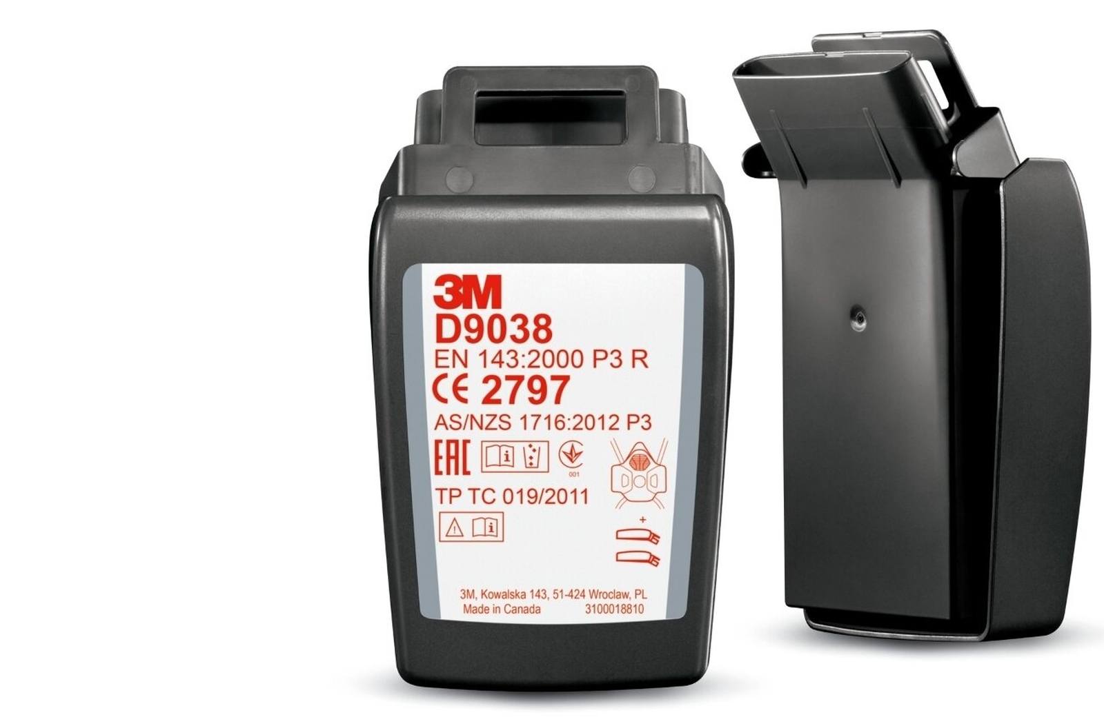 3M Secure Click -hiukkassuodatin D9038 P3 R Hiukkassuodatin kiinteitä ja nestemäisiä hiukkasia vastaan Aktiivihiili muovikotelossa.