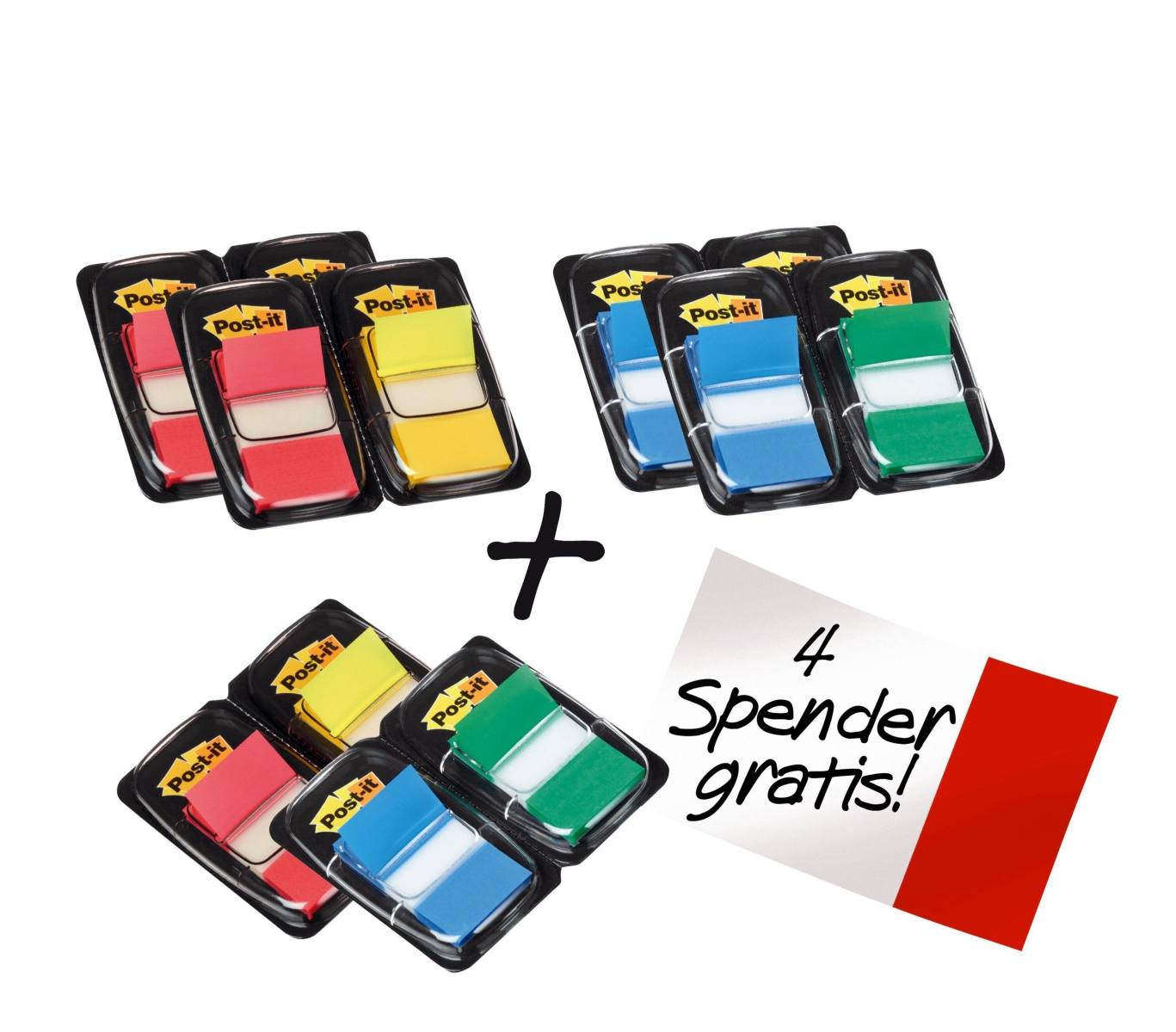 3M Post-it Index  680-P12, 25,4 mm x 43,2 mm, blau, gelb, grün, rot, 8 x 50 Haftstreifen im Spender