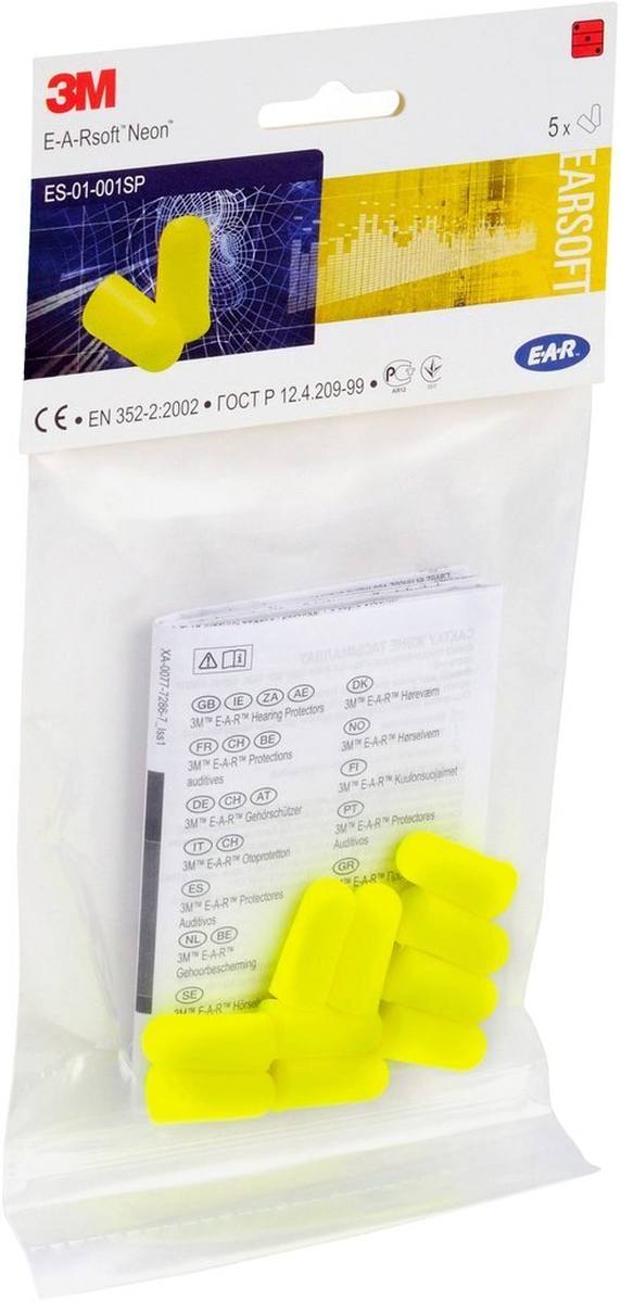 3M E-A-R Soft Yellow Neons, polyurethaan, neongeel, 5 paar verpakt in hersluitbare plastic zak met kartonnen flap (Euro-gat), SNR=36 dB, ES01001S