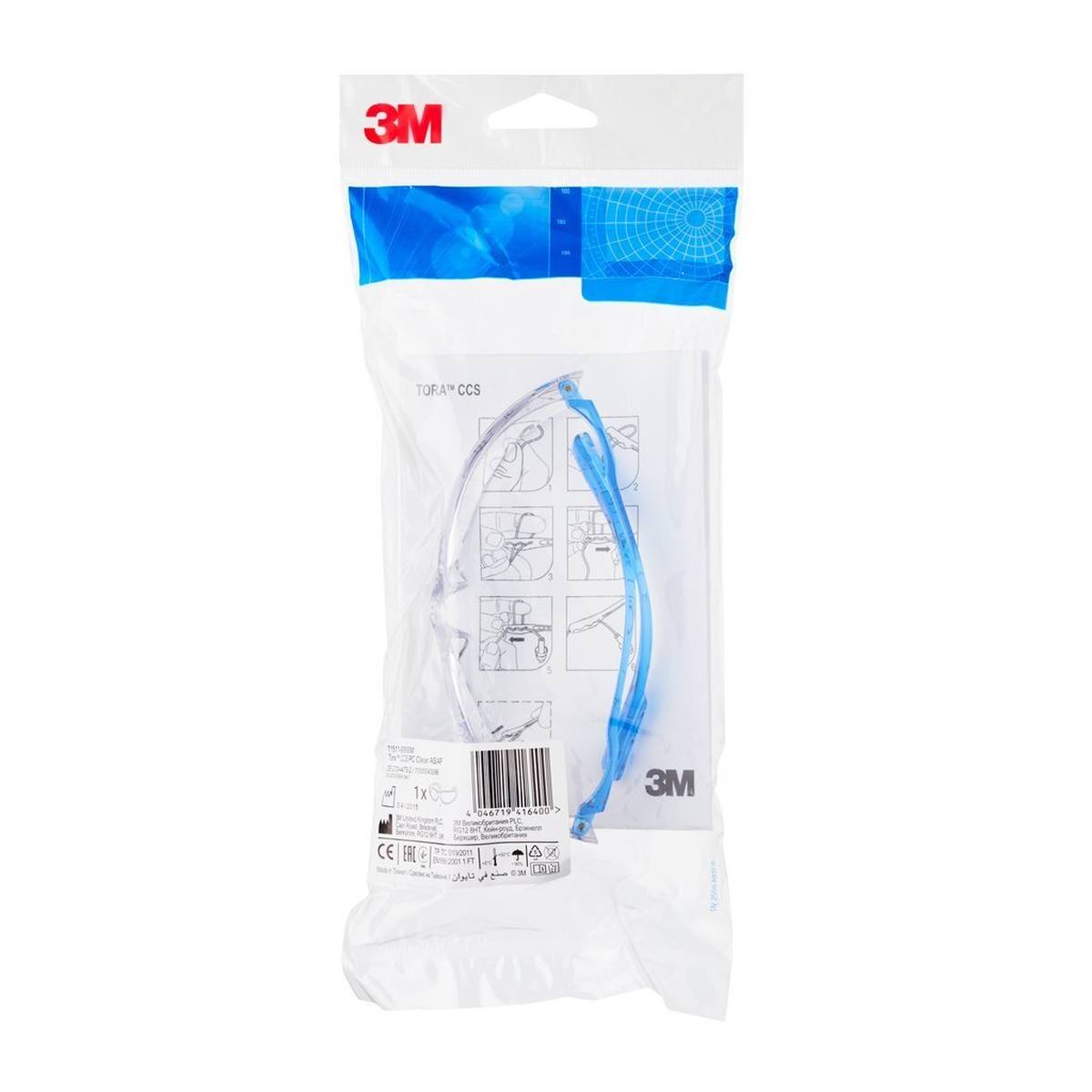 3M Tora CCS safety spectacles AS/AF/UV, PC, clear (can be combined with all 3M earplugs with plastic cord)