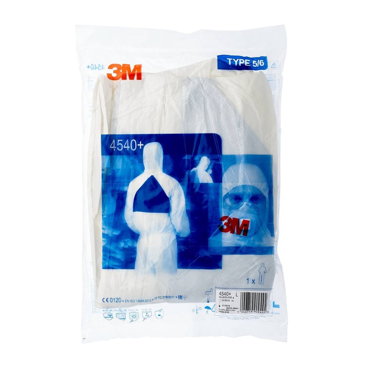 3M 4540+ coverall, white+blue, type 5/6, size M, robust, lint-free, reinforced seams, SMMMS material, breathable, detachable zipper, knitted cuffs