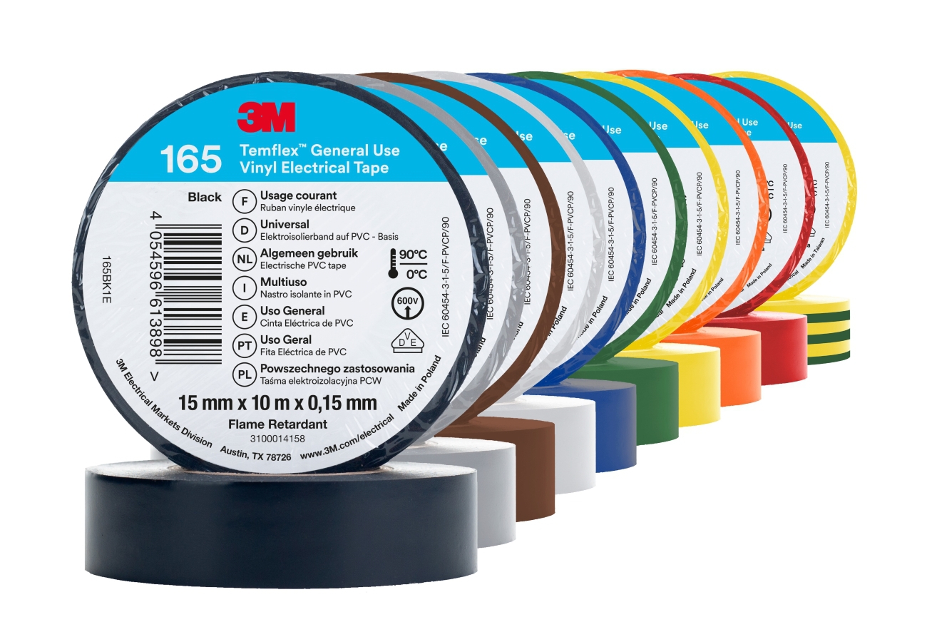 3M Temflex 165 vinyl electrical insulating tape, rainbow, 1 roll of each colour: white, red, black, green, blue, yellow, grey, brown, 15 mm x 10 m, 0.15 mm