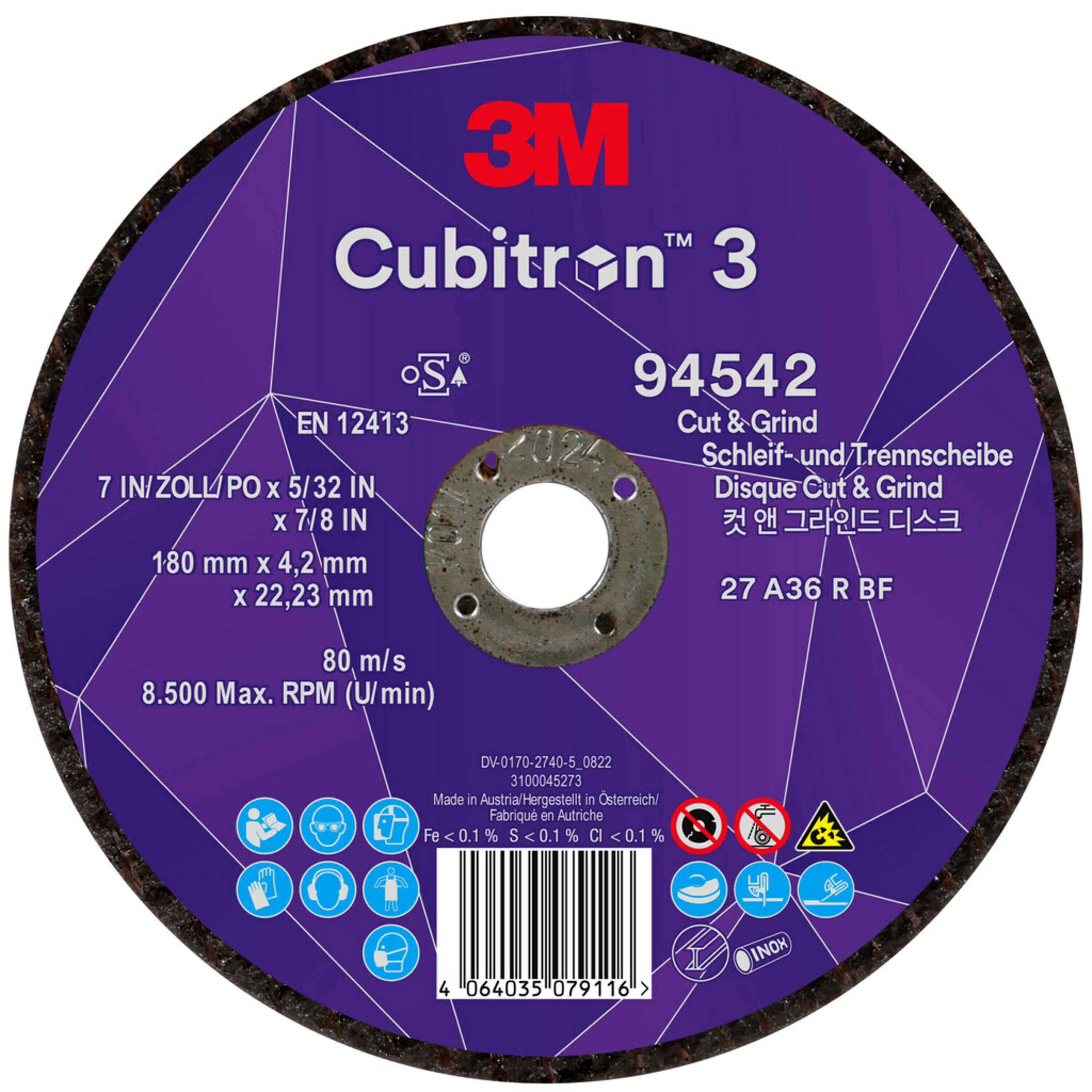 3M Cubitron 3 Cut & Grind Schruppscheibe, 180 mm, 4,2 mm, 22,23 mm, 36+, Typ 27 #94542