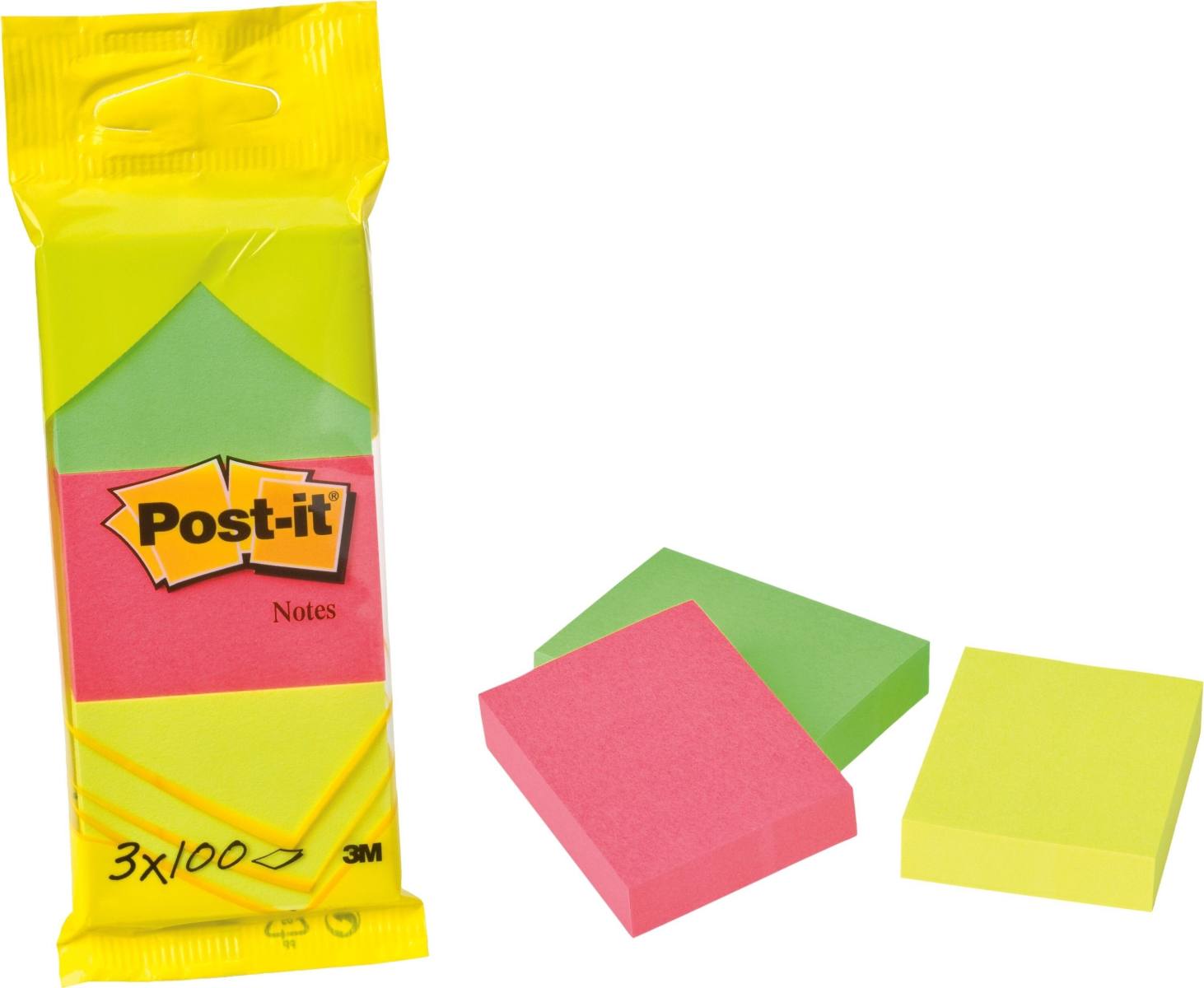 3M Post-it Notes 6812N, 38 mm x 51 mm, jaune fluo, vert fluo, rose fluo, 3 blocs de 100 feuilles