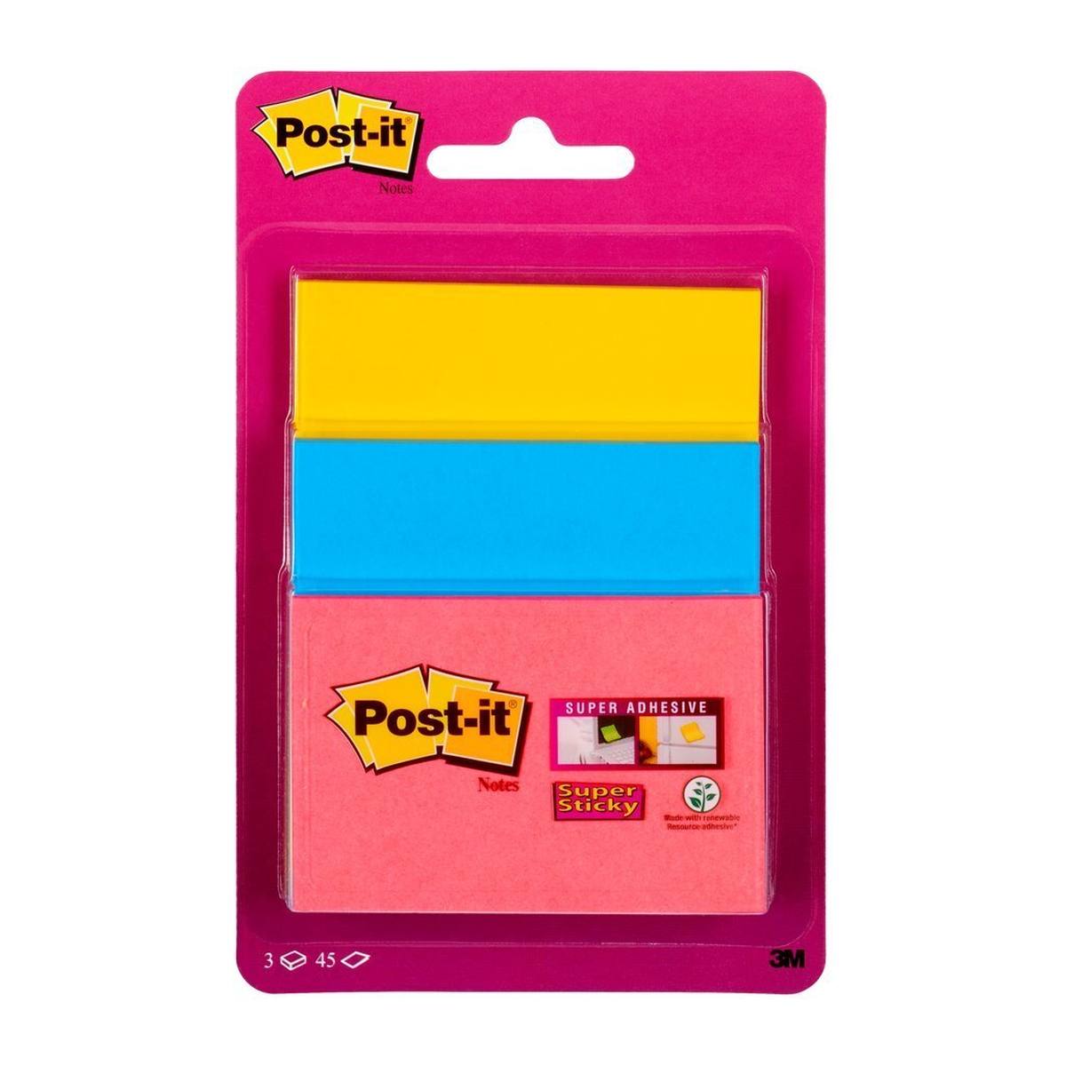 3M Post-it Super Sticky Notes 34323BYP, 3 pads van 45 vellen, klaproosrood, 48 mm x 76 mm, ultrablauw, 76 mm x 76 mm, ultrageel, 76 mm x 101 mm