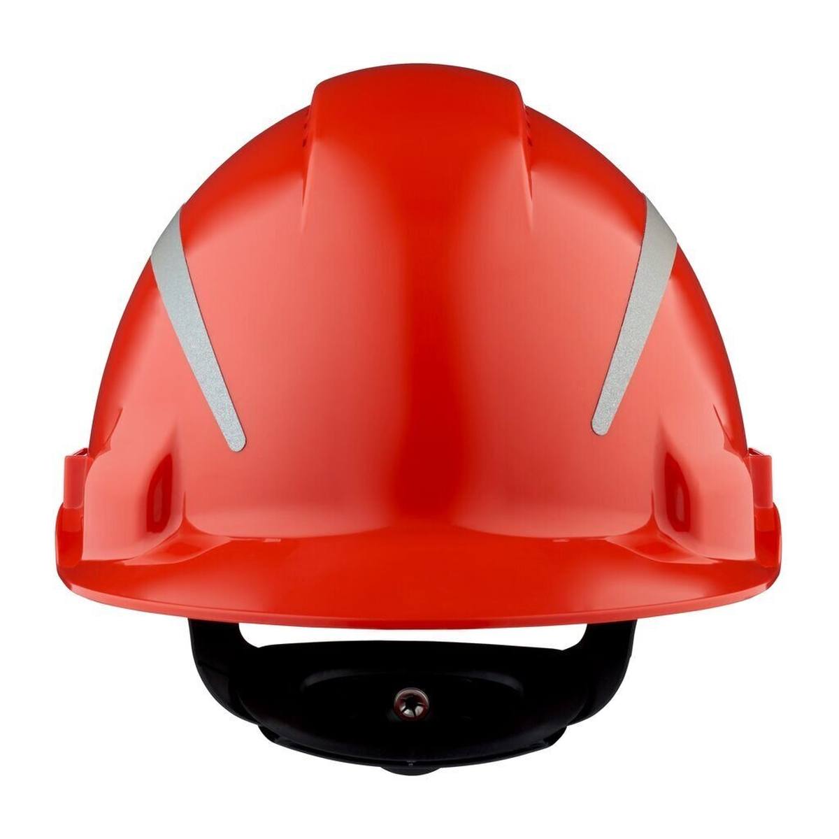 3M G3000 safety helmet with UV indicator, red, ABS, ventilated ratchet fastener, plastic sweatband, reflective sticker